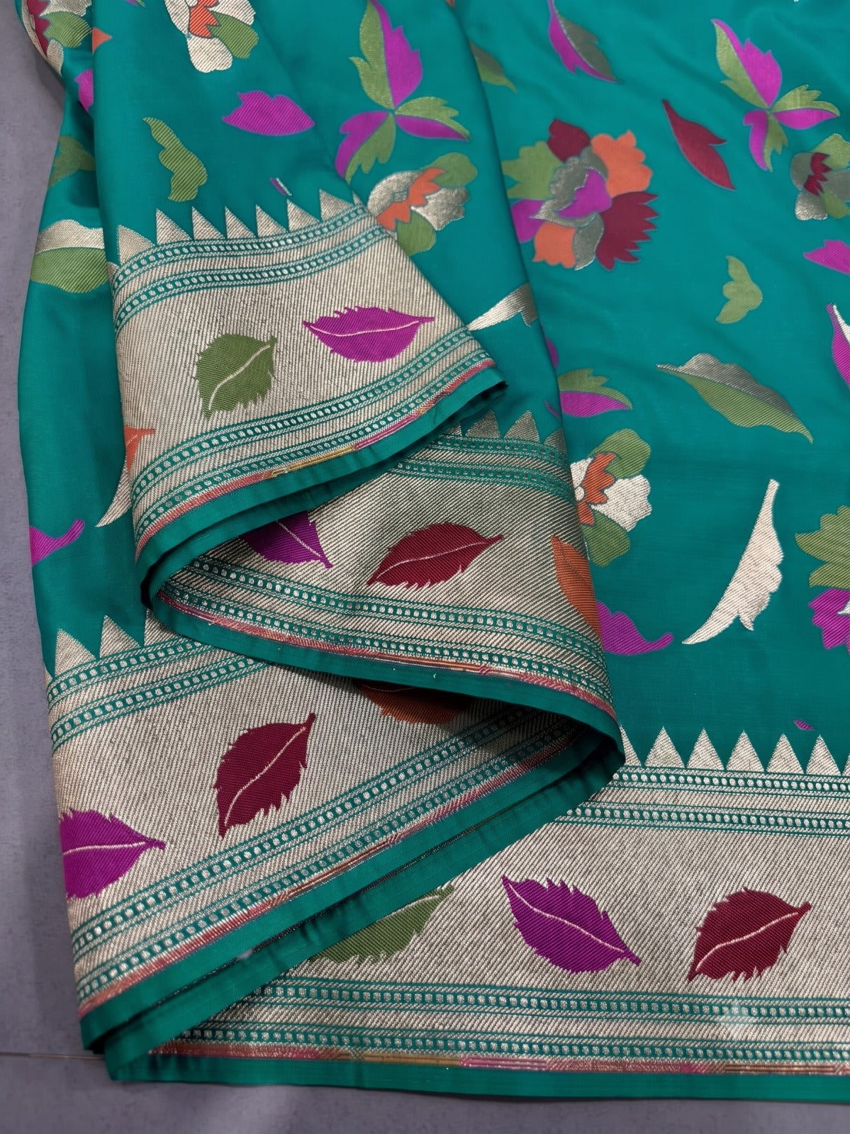 Rama Green Semi Silk Saree with Meenakari Floral Design and Zari Borders | SHOBITAM