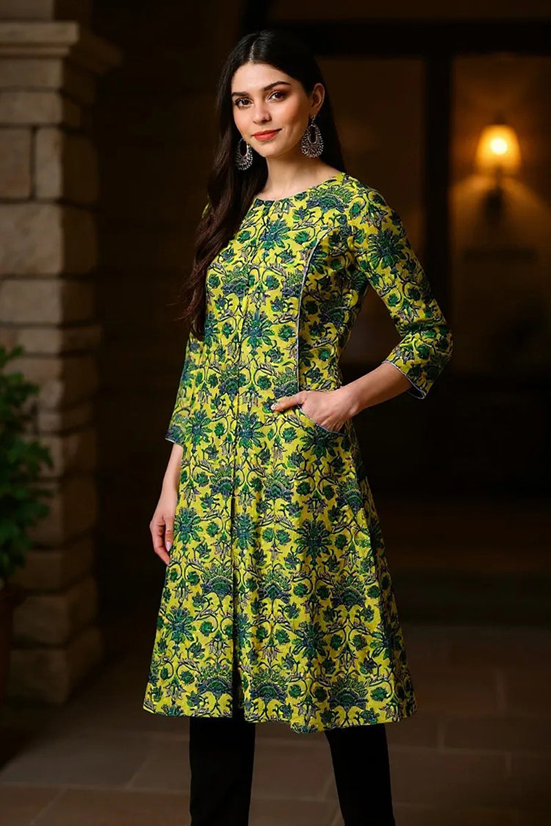 Women Cotton Printed Simple Function Wear Green Kurti  | SHOBITAM