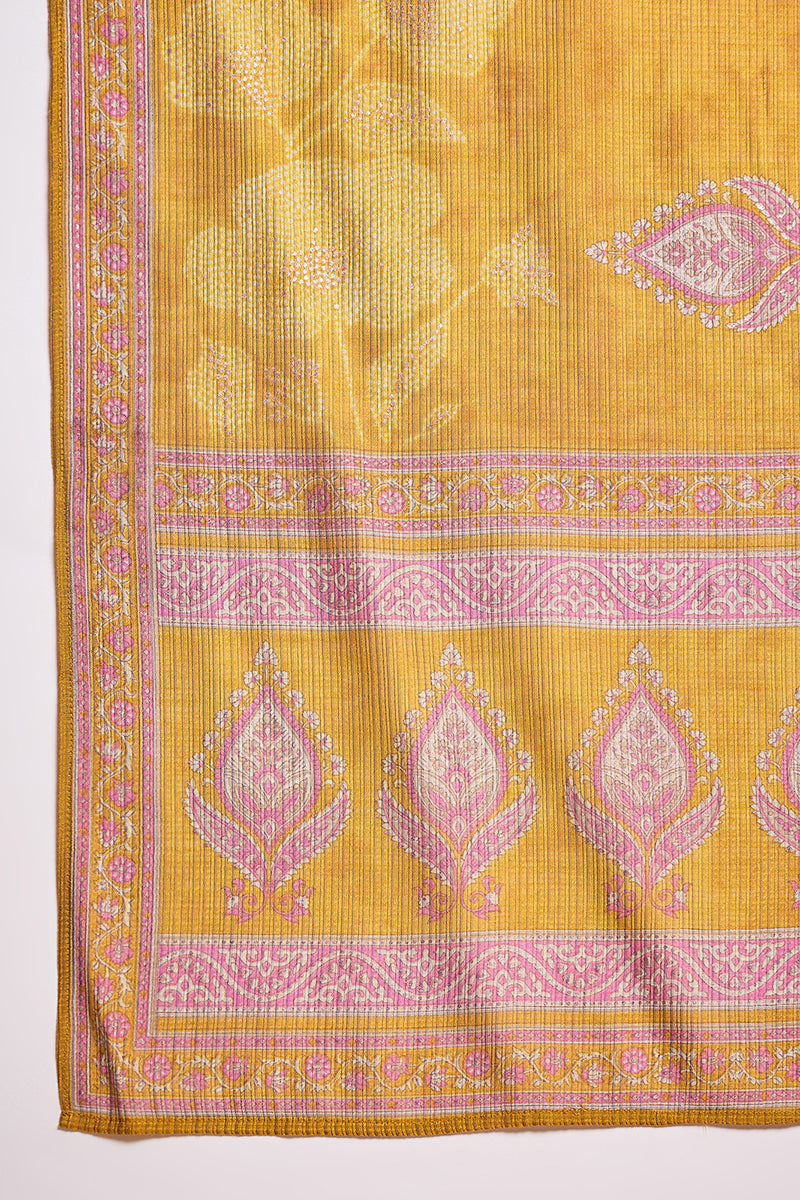 Mustard Silk Blend Floral Printed Straight Kurta Trouser With Dupatta | SHOBITAM