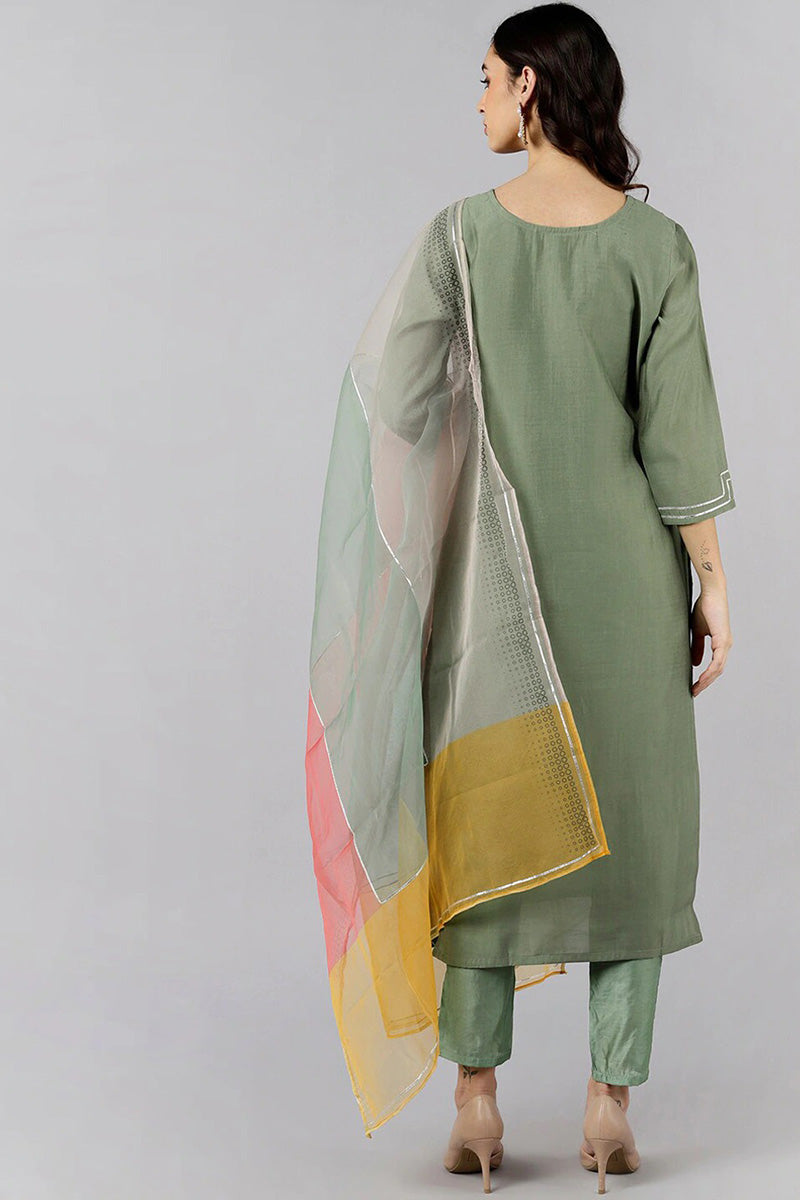 Olive Green Poly Silk Embroidered Straight Suit Set  | SHOBITAM
