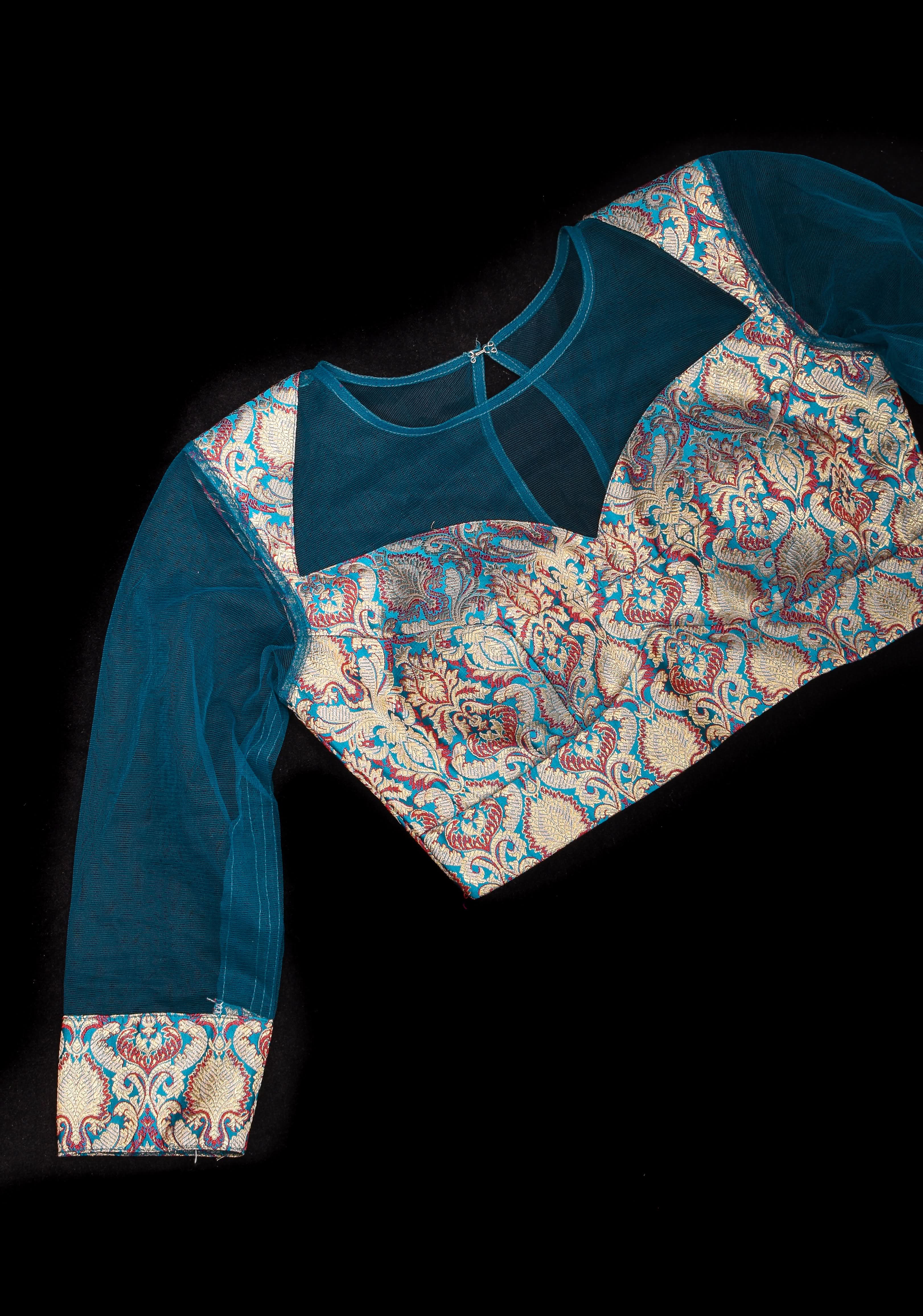 Blue Meenakari Banarasi Brocade Blouse  With Sheer Yoke and Sleeves | Shobitam