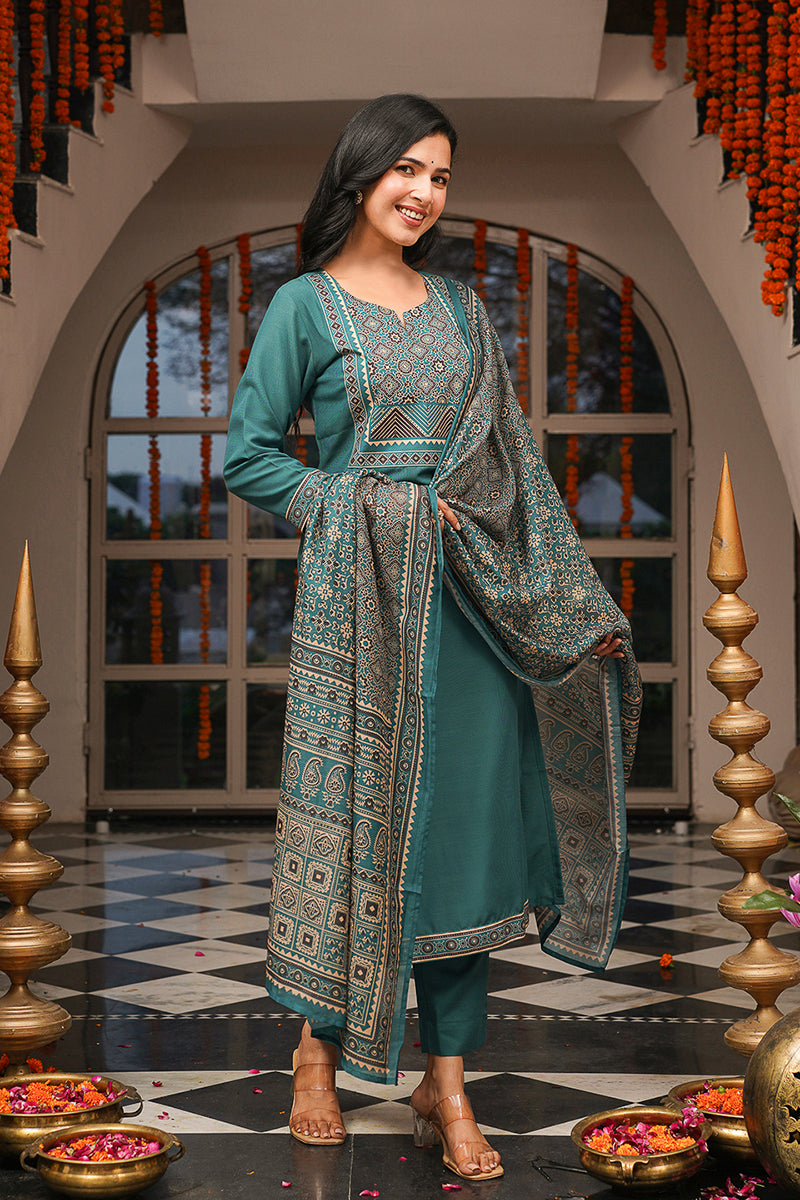 Teal Rayon Blend Ajrakh Printed Straight Kurta Trousers With Dupatta | SHOBITAM