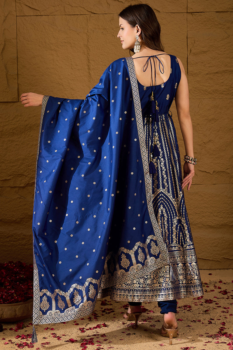 Blue Silk Blend Solid Embroidered Anarkali Kurta Bottom and Dupatta | SHOBITAM
