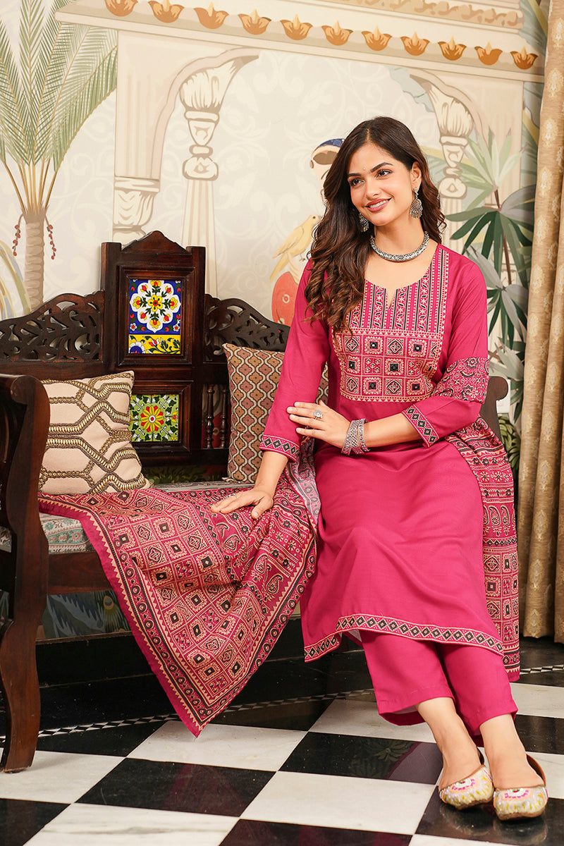 Pink Cotton Blend Ajrakh Printed Straight Kurta Trousers With Dupatta | SHOBITAM