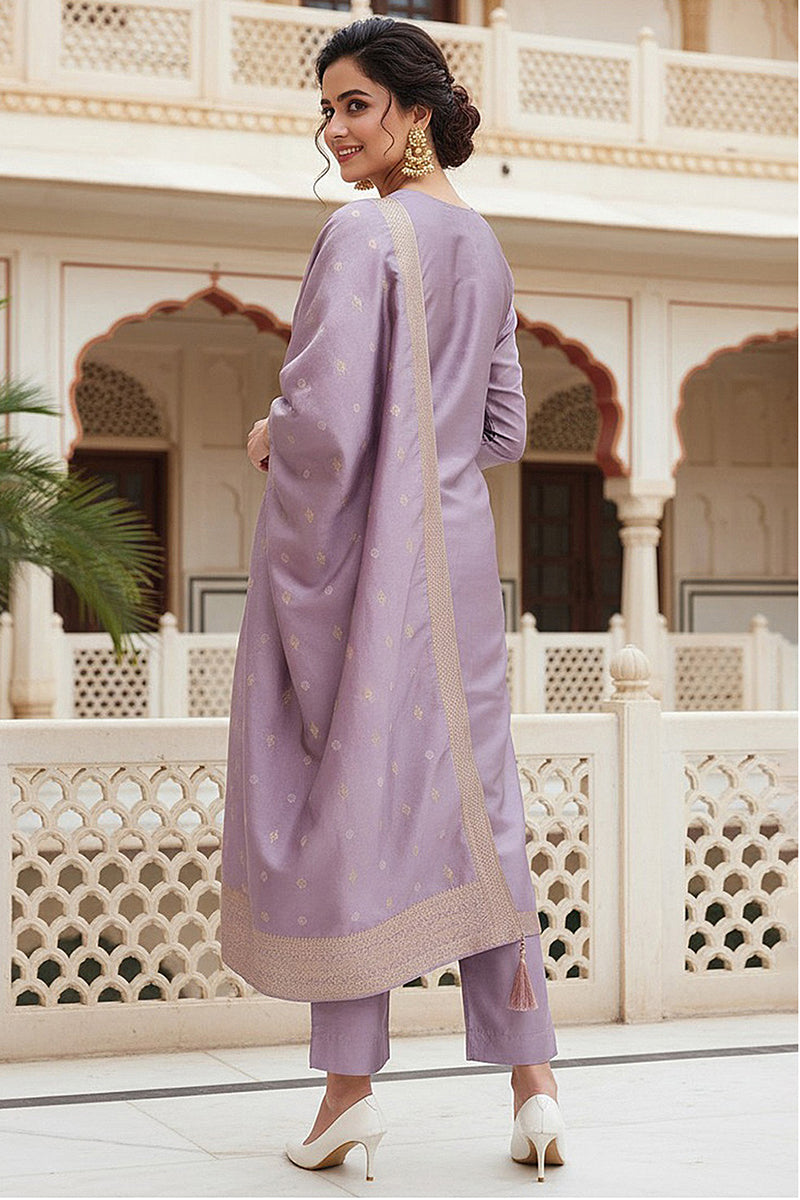 Lavender Silk Blend Ethnic Motifs Woven Design Straight Suit Set | SHOBITAM