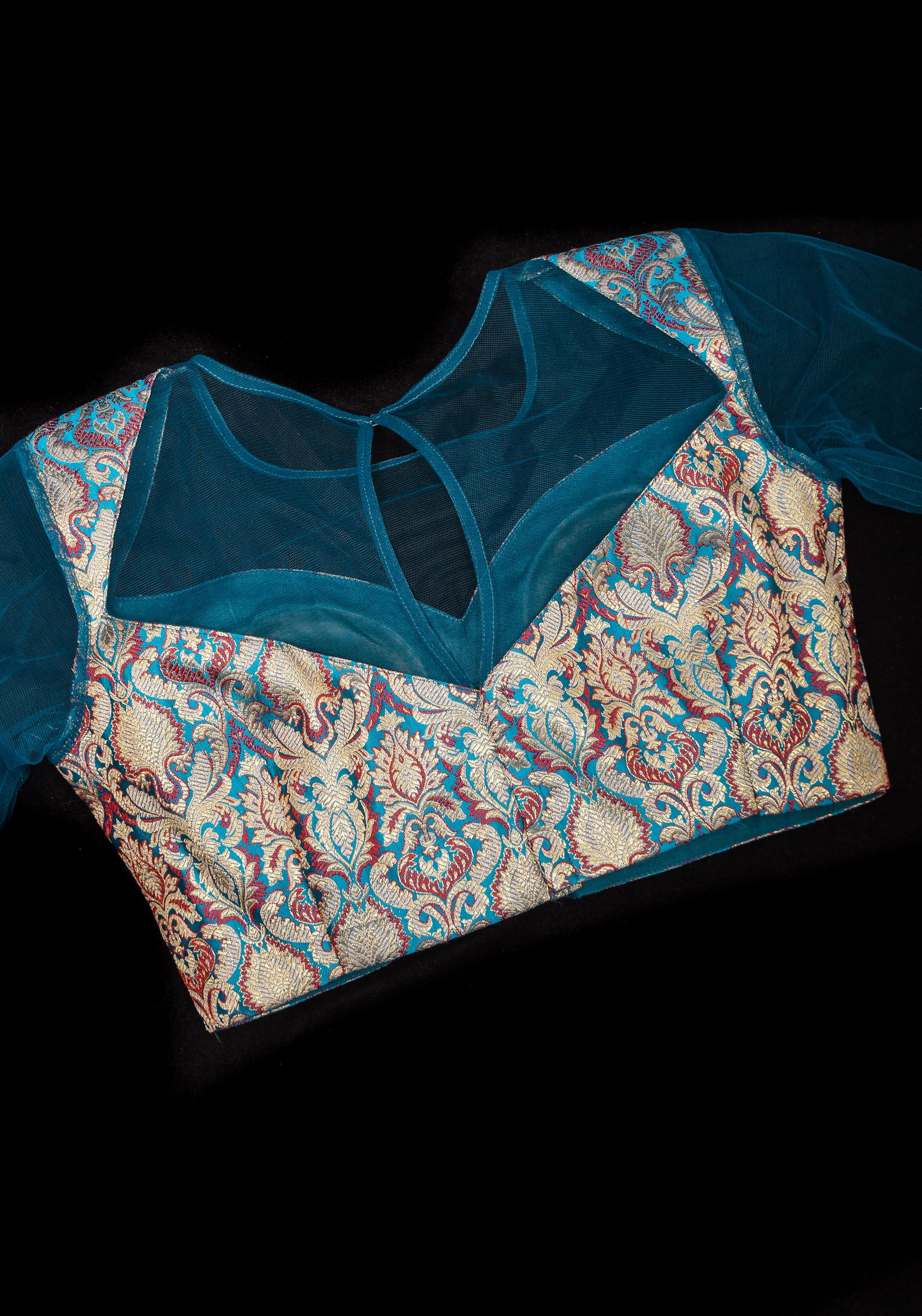 Blue Meenakari Banarasi Brocade Blouse  With Sheer Yoke and Sleeves | Shobitam