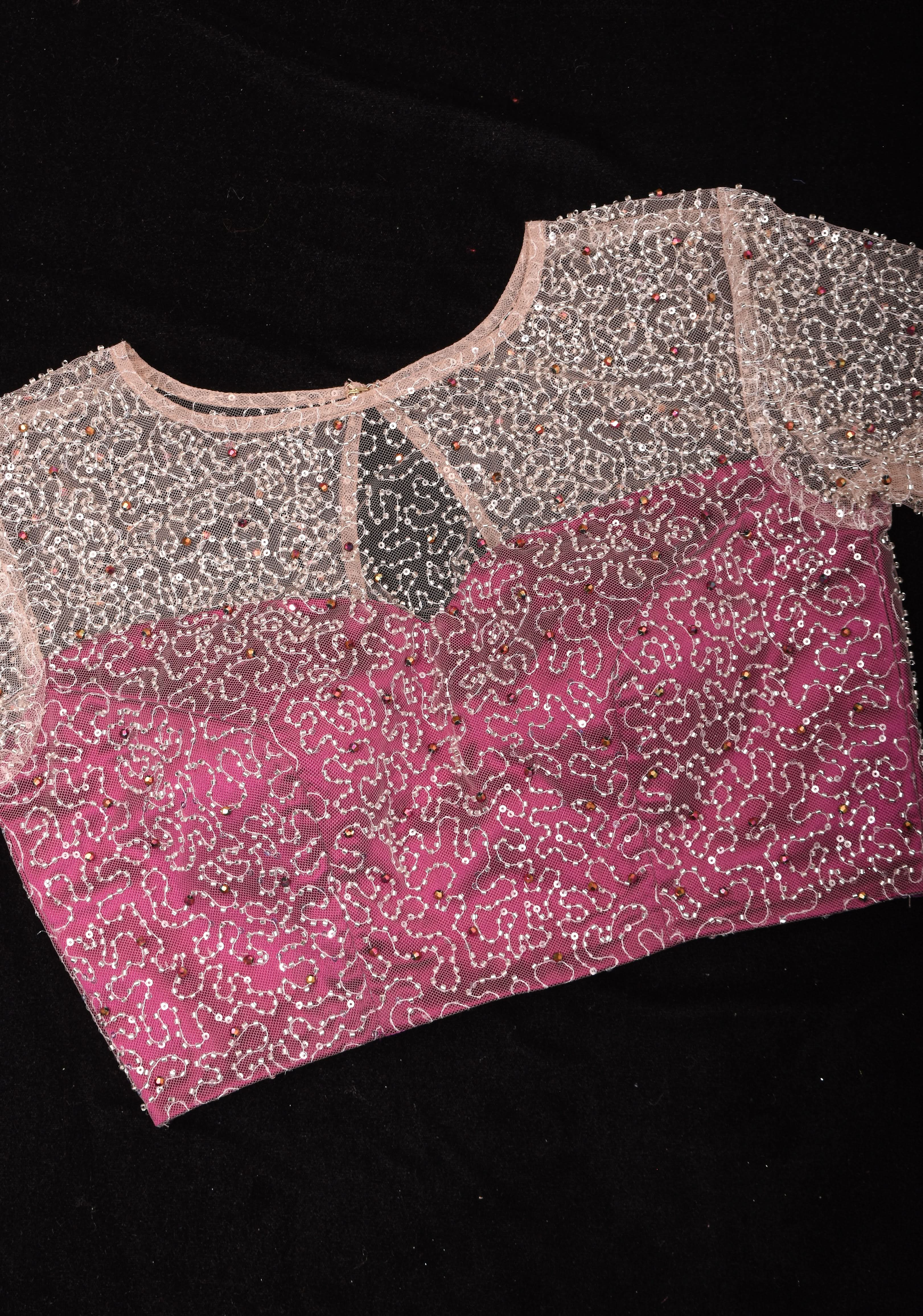 Illusion Neck Blouse with 3/4th sleeves with Heavy Cutdana and Sequins in Ivory and Plum, Made to Order | Shobitam