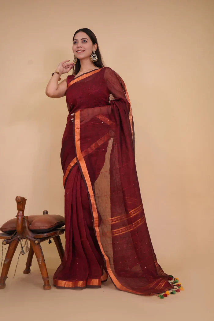 Maroon Handloom Cotton Linen Interwoven Sequins with Tassels In Pallu Ready To Wear Saree