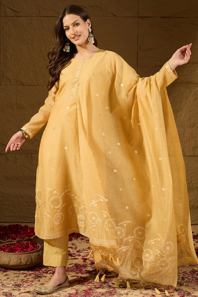 Yellow Chanderi Woven Design Straight Kurta Trouser with Dupatta | SHOBITAM