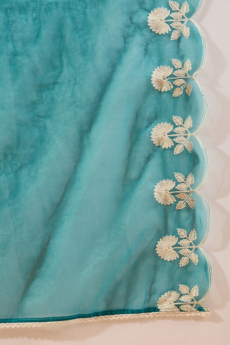 Teal Silk Blend Solid Embroidered A-Line Kurta Trouser With Dupatta | SHOBITAM