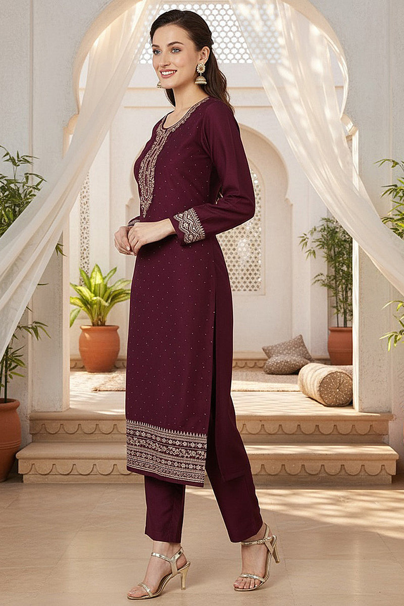 Burgundy Silk Blend Solid Straight Kurta Trousers With Dupatta  | SHOBITAM