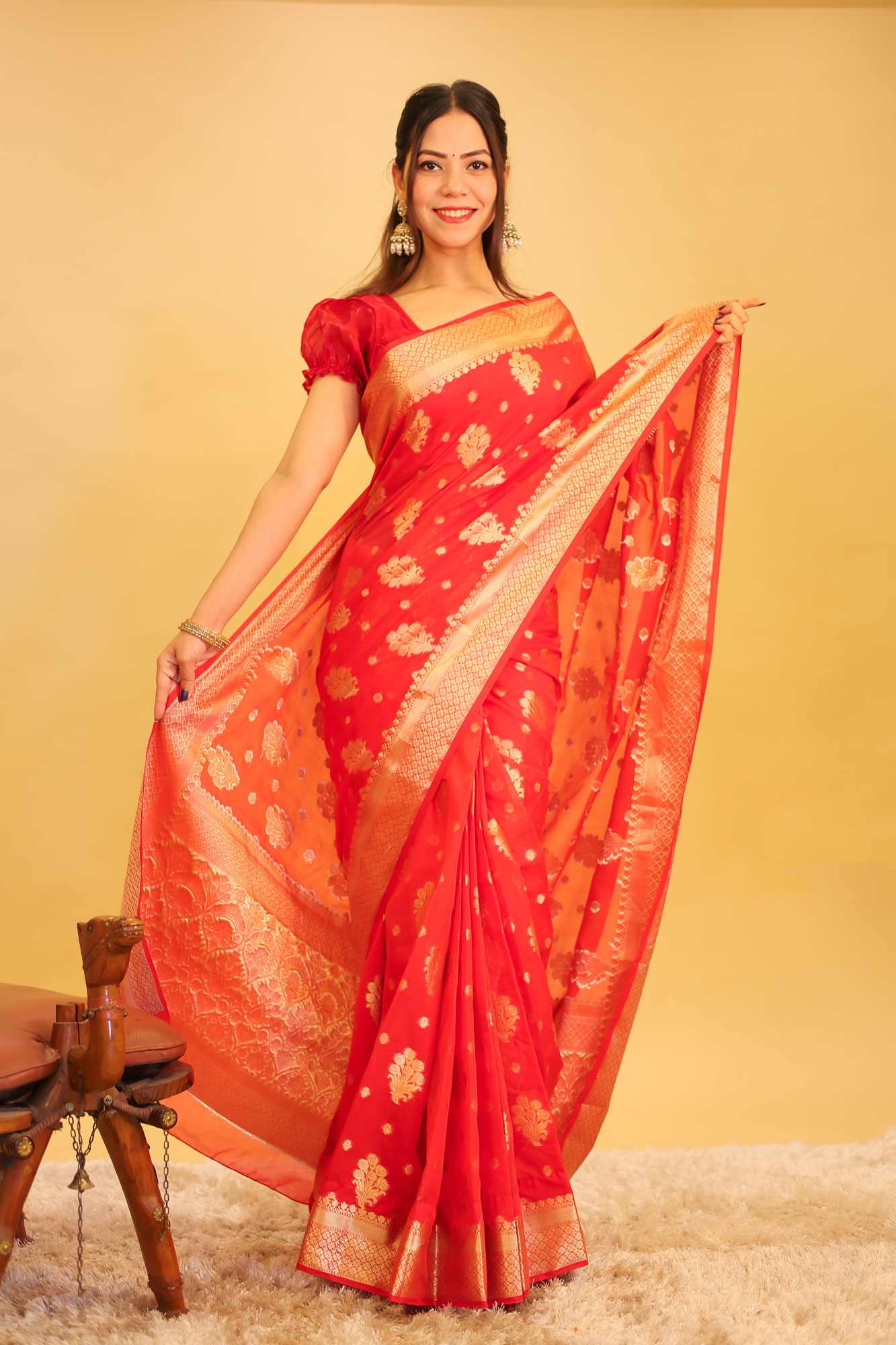 Exquisite Red Katan Inspired Silk Saree with Intricate All-Over Butas and Ornate Palla, Adorned with Luxurious Tassels – A Ready-to-Wear Saree