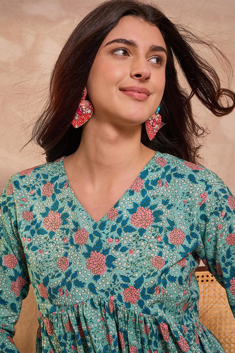 Cotton Blend Blue Floral Regular Tops  | SHOBITAM