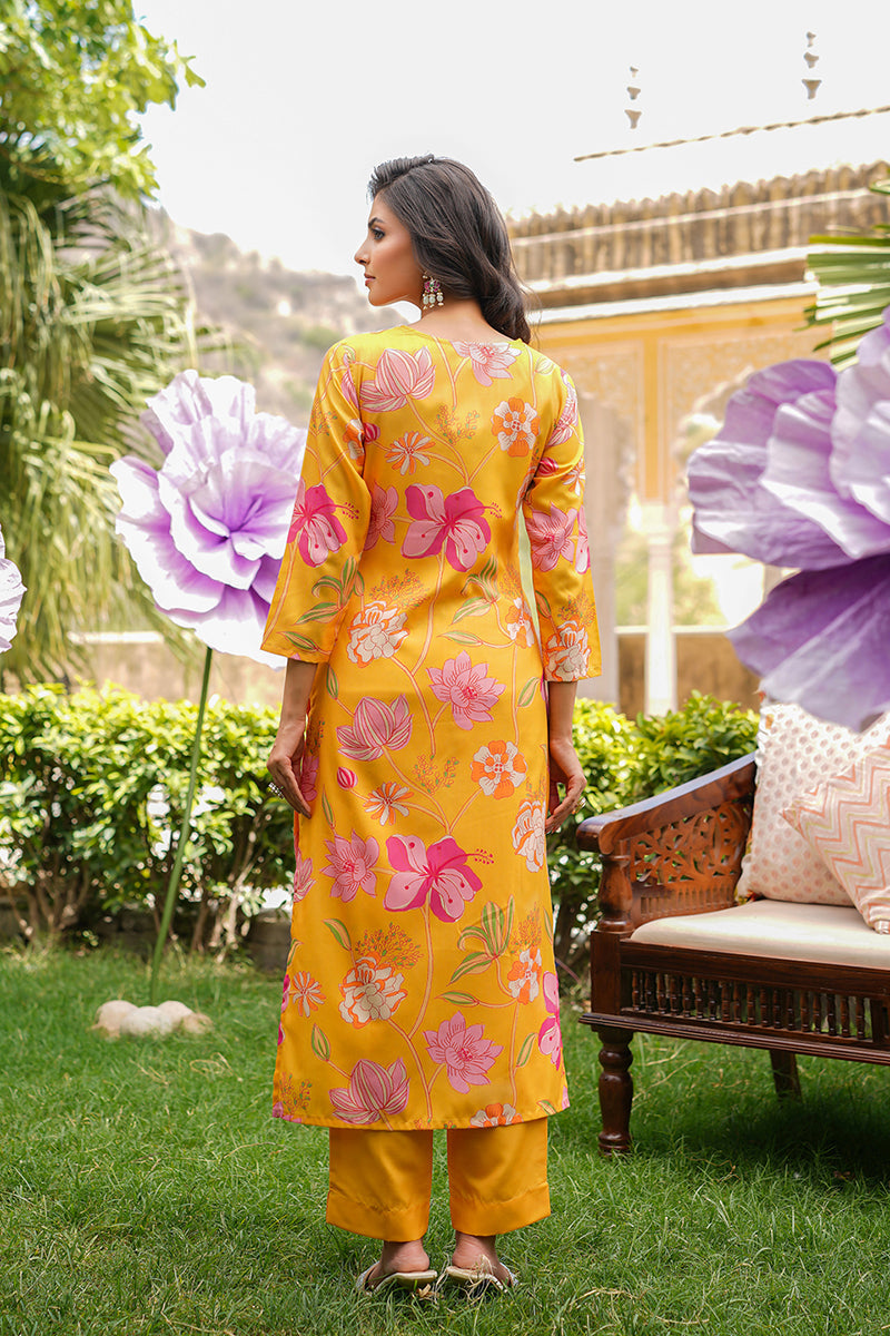 Yellow Silk Blend Floral Printed Straight Kurta Trousers With Dupatta | SHOBITAM