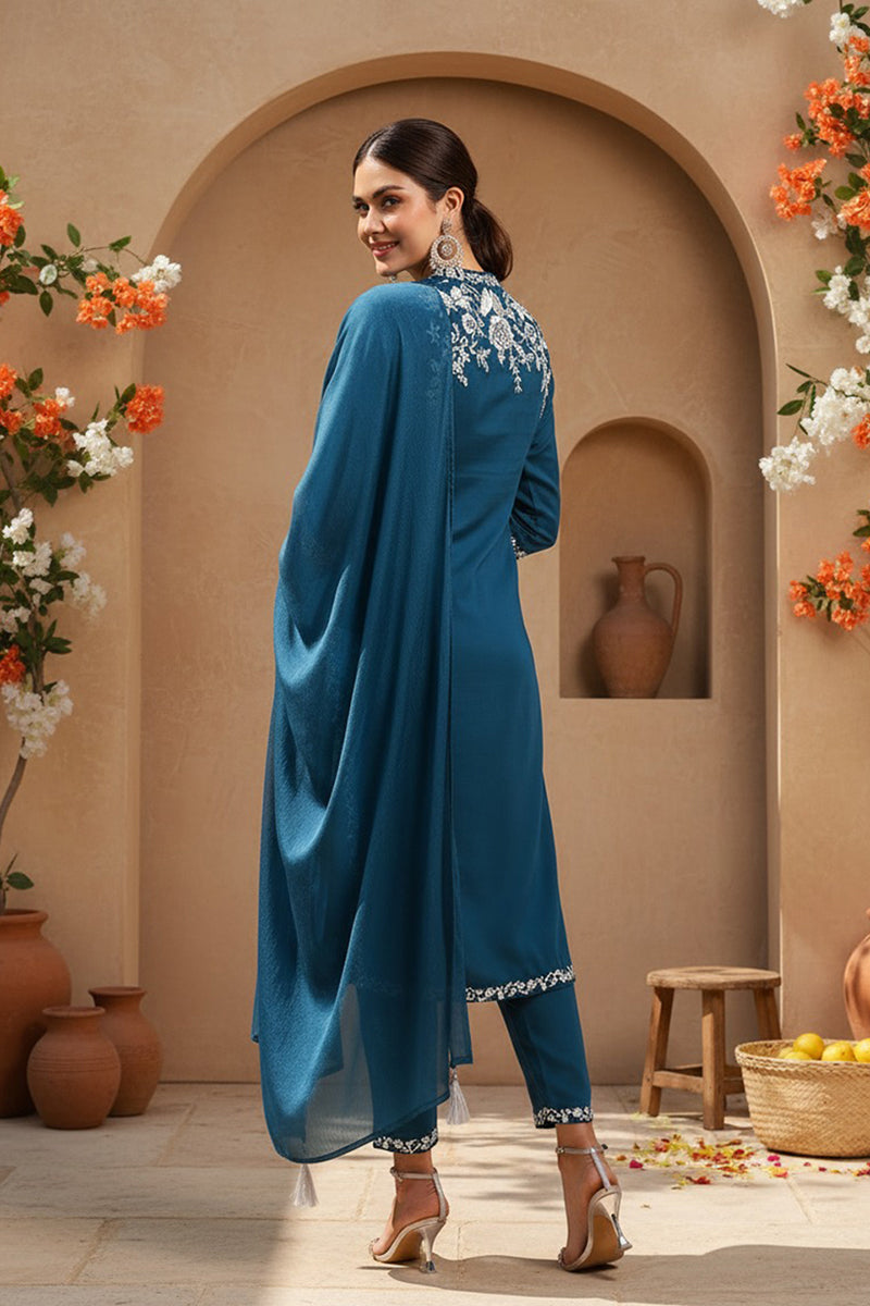 Teal Blue Silk Blend Solid Embroidered Straight Suit Set  | SHOBITAM