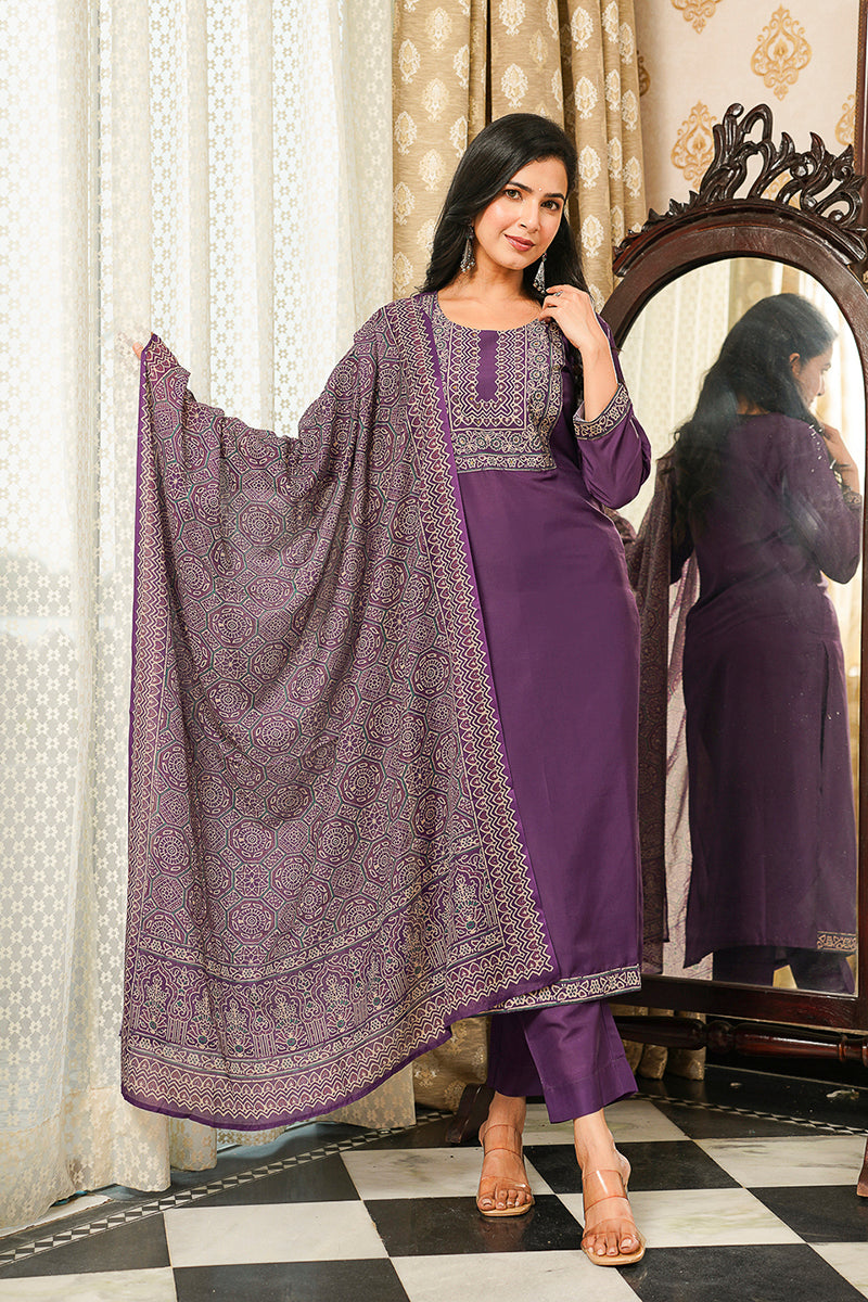 Purple Cotton Blend Ajrakh Printed Straight Kurta Trousers With Dupatta | SHOBITAM