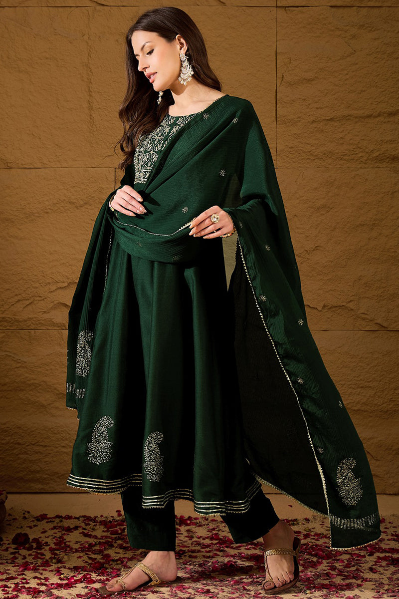 Green Silk Blend Embroidered Anarkali Suit Set   | SHOBITAM
