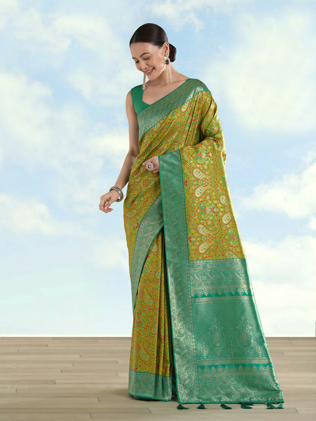 Lemon Green Banarasi Semi Silk Saree With Traditional Paisley Weaves | Shobitam