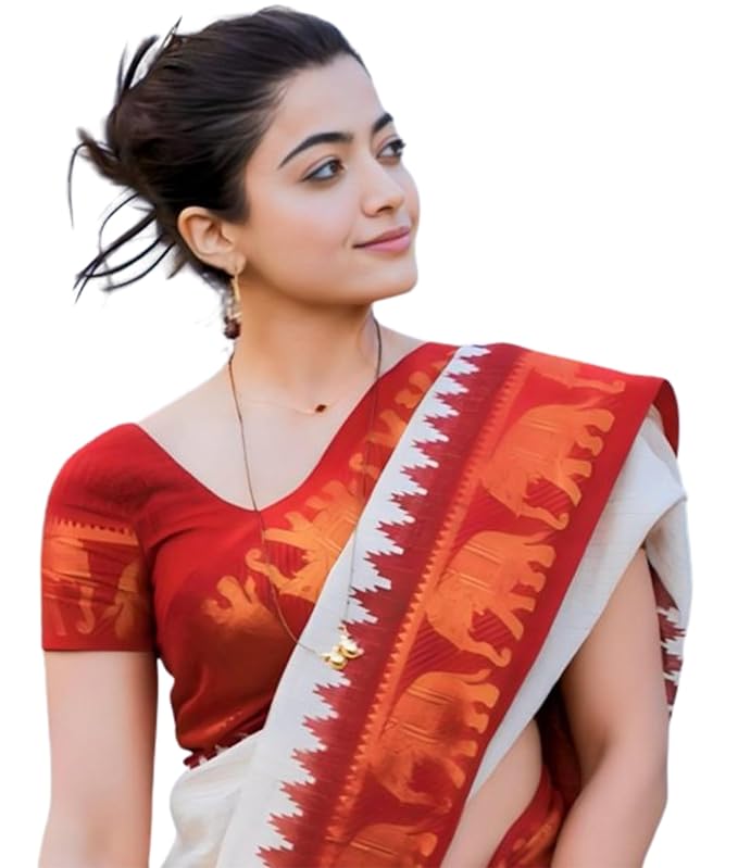 Rashmika Inspired Kanjivaram styled With Animal Printed Detailed Bordered Ready To Wear Saree