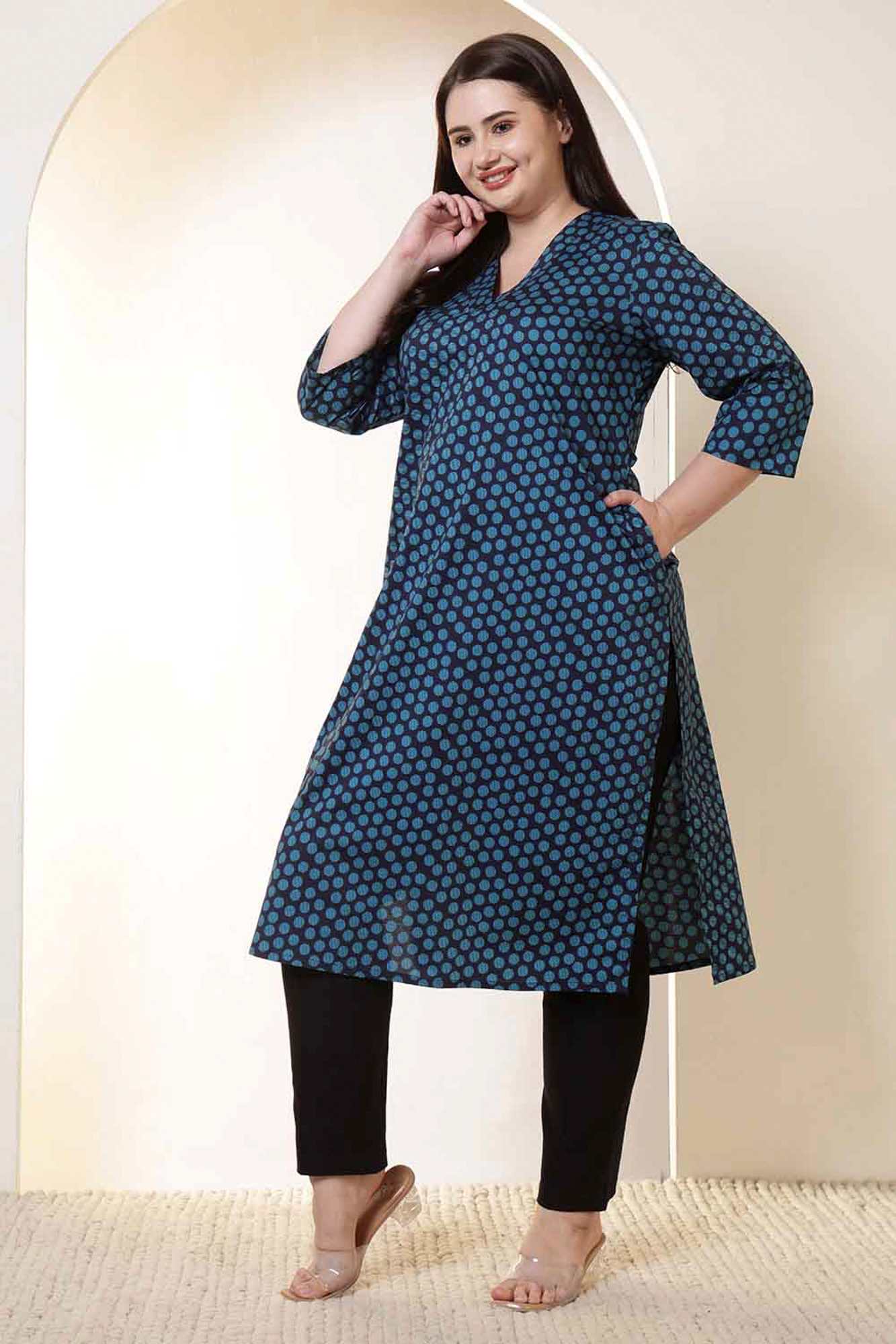 Plus Size Black Vertical Stripes Cotton V Neck Kurta Tunic | Made to Order