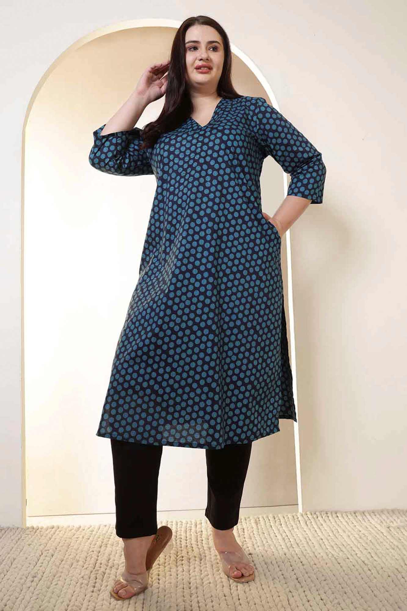 Plus Size Black Vertical Stripes Cotton V Neck Kurta Tunic | Made to Order