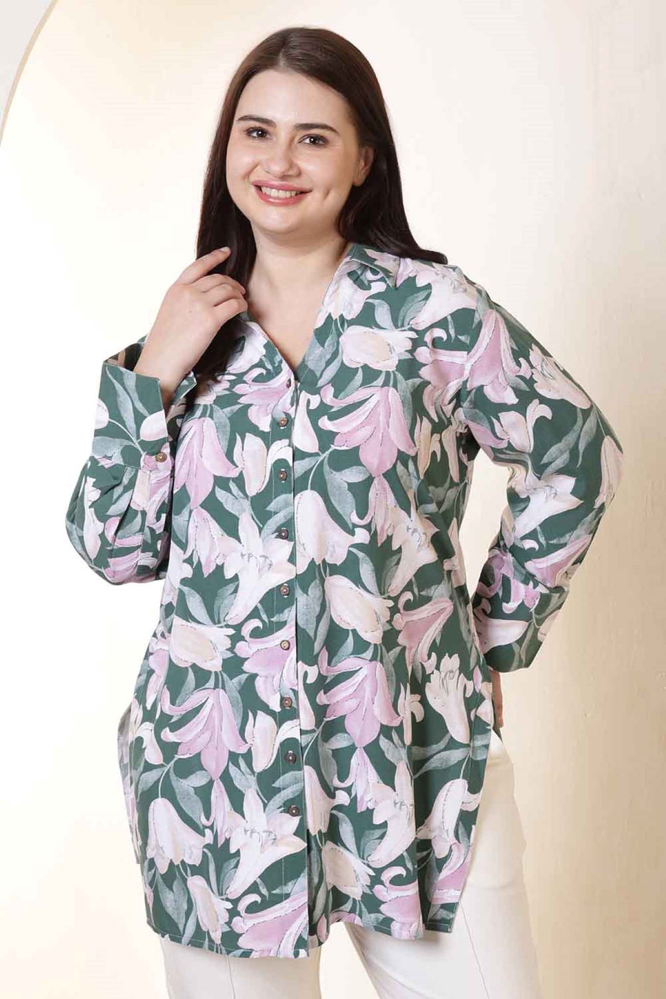 Plus Size Green & Pink Flower Print High Slit Styled Cuff Rayon Shirt  | Made to Order