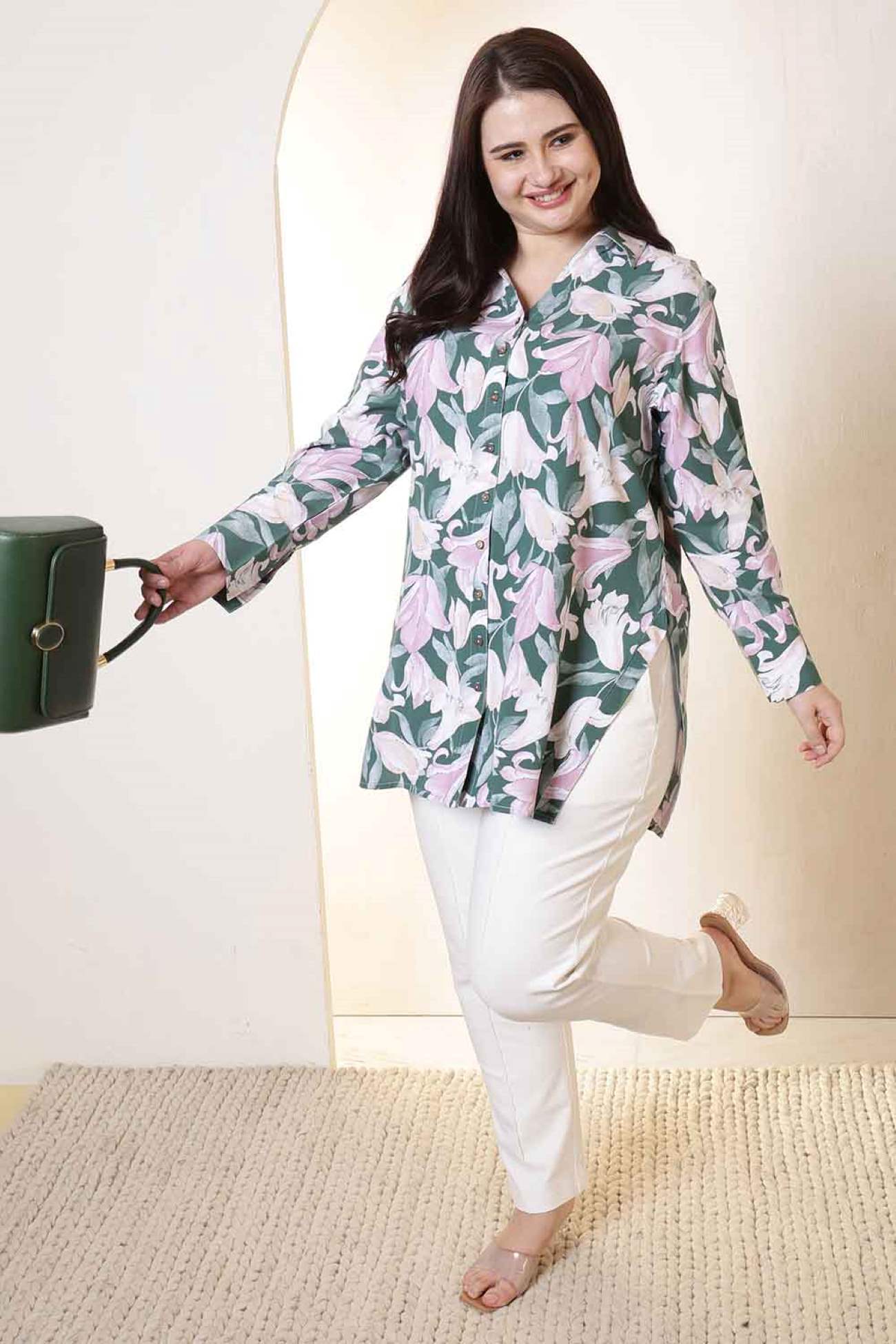 Plus Size Green & Pink Flower Print High Slit Styled Cuff Rayon Shirt  | Made to Order