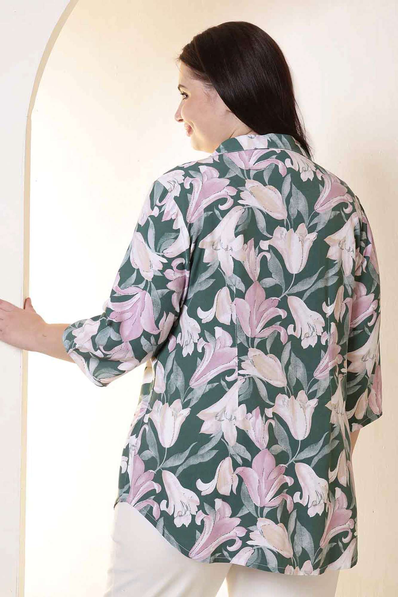 Plus Size Green & Pink Flower Print Cuban Collar Rayon Shirt  | Made to Order
