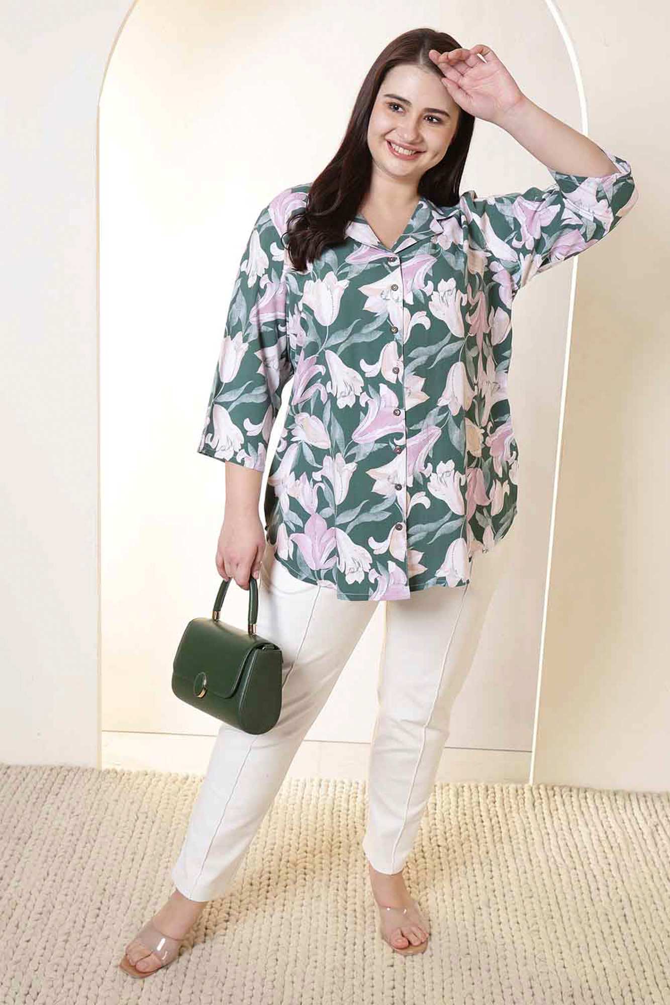 Plus Size Green & Pink Flower Print Cuban Collar Rayon Shirt  | Made to Order