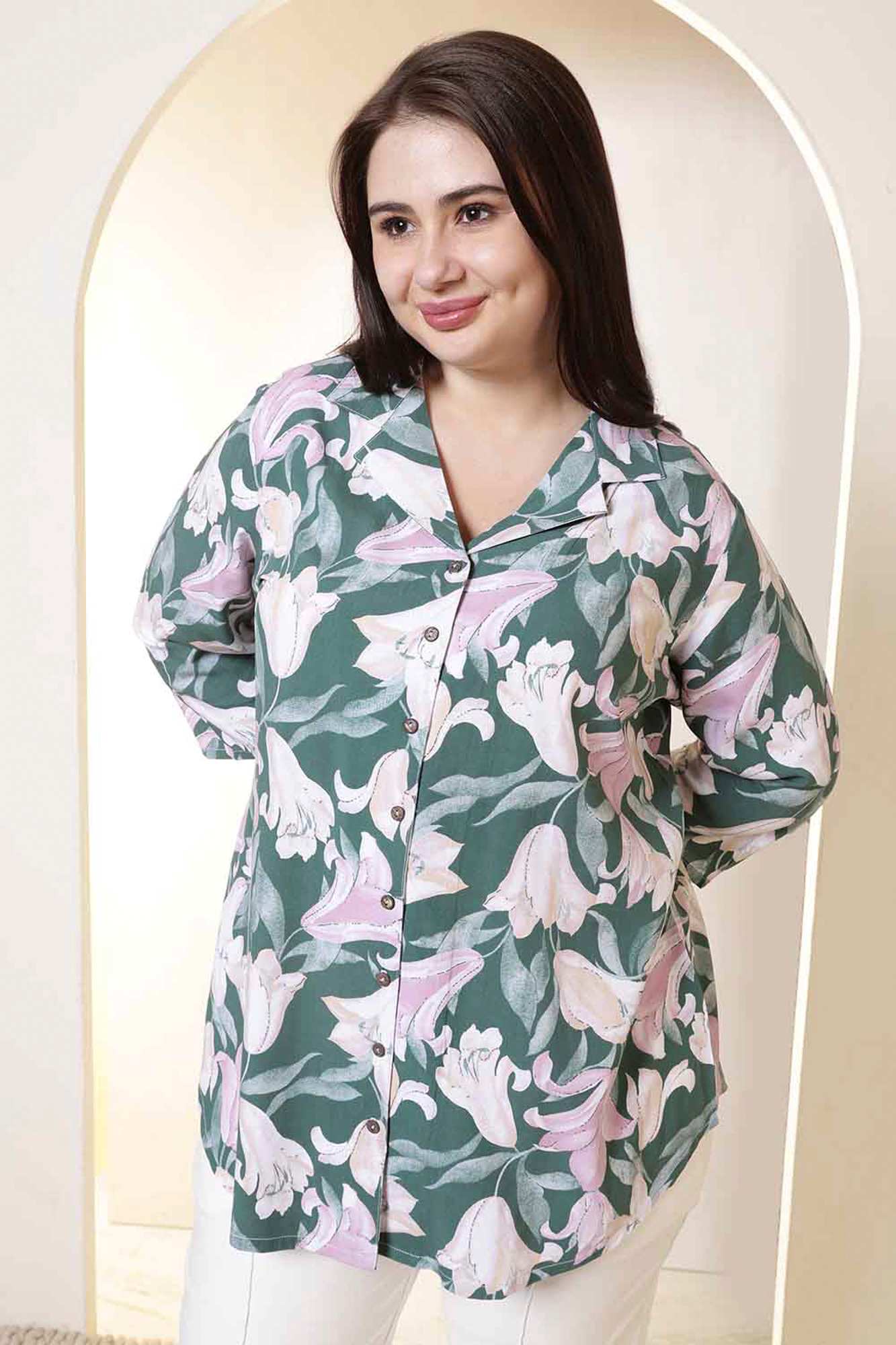 Plus Size Green & Pink Flower Print Cuban Collar Rayon Shirt | Made to Order