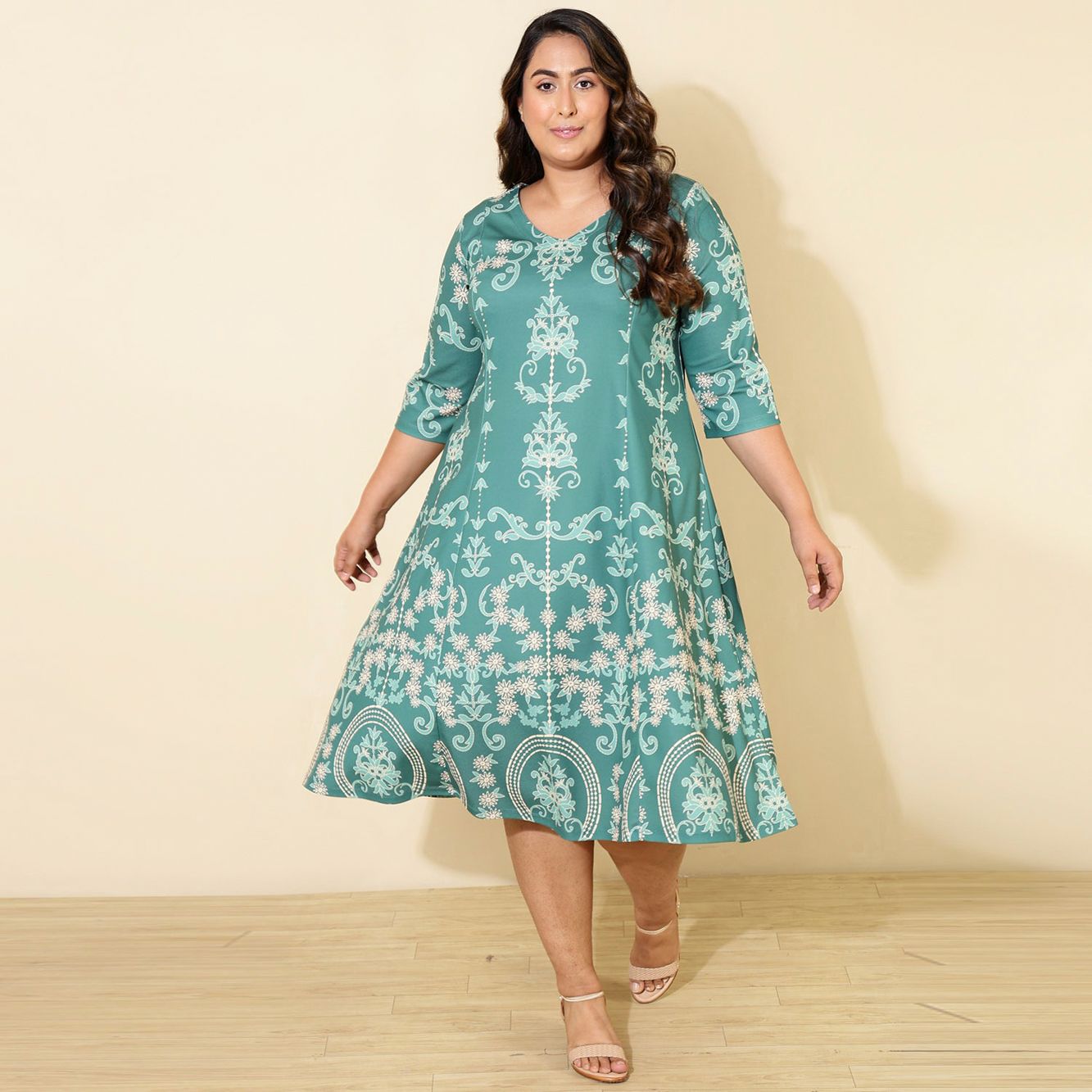 Plus Size Teal Printed A line Dress for Women | Made to Order