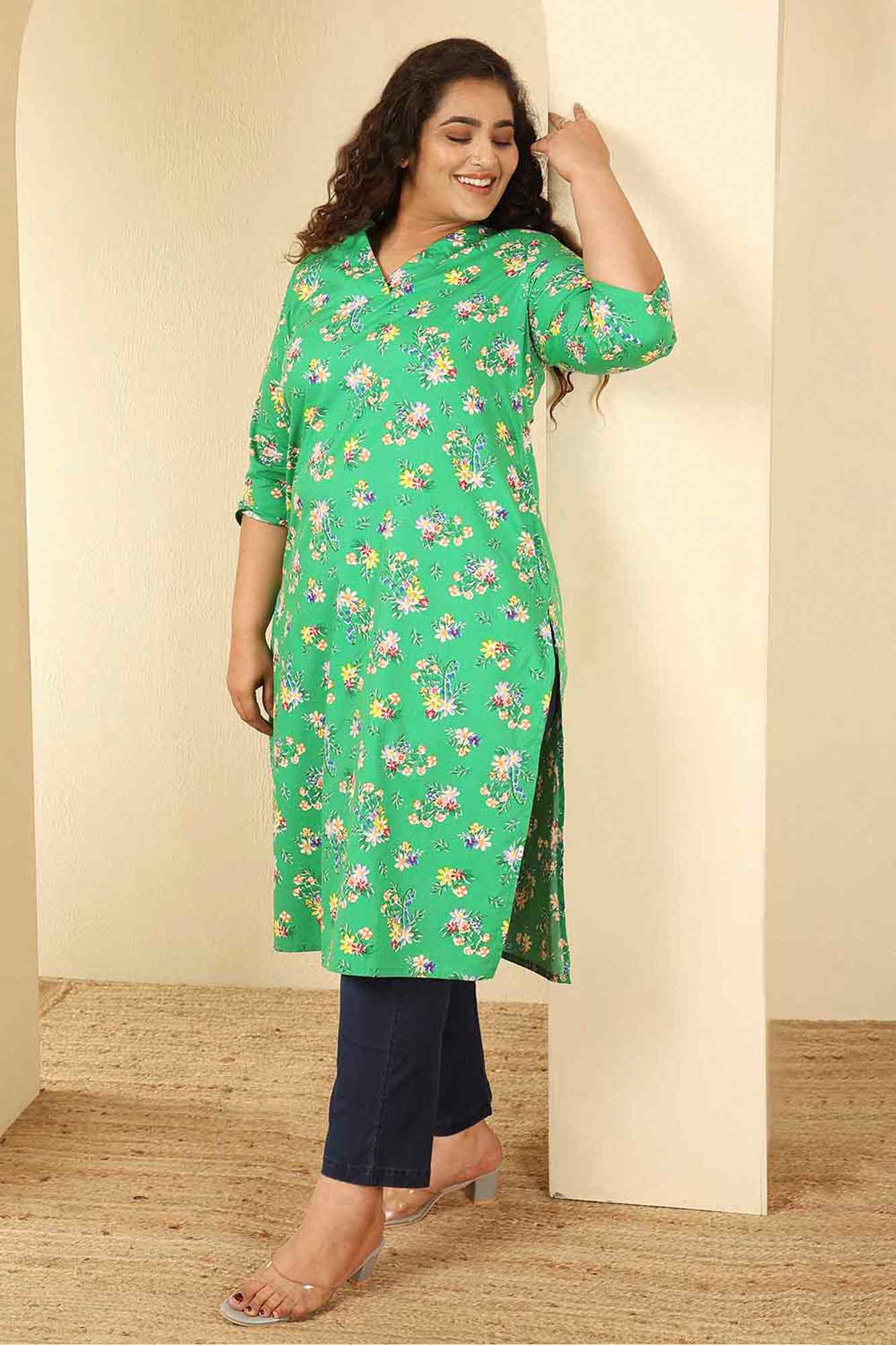 Plus Size Green Floral Print Cotton V Neck Kurta Tunic | Made to Order
