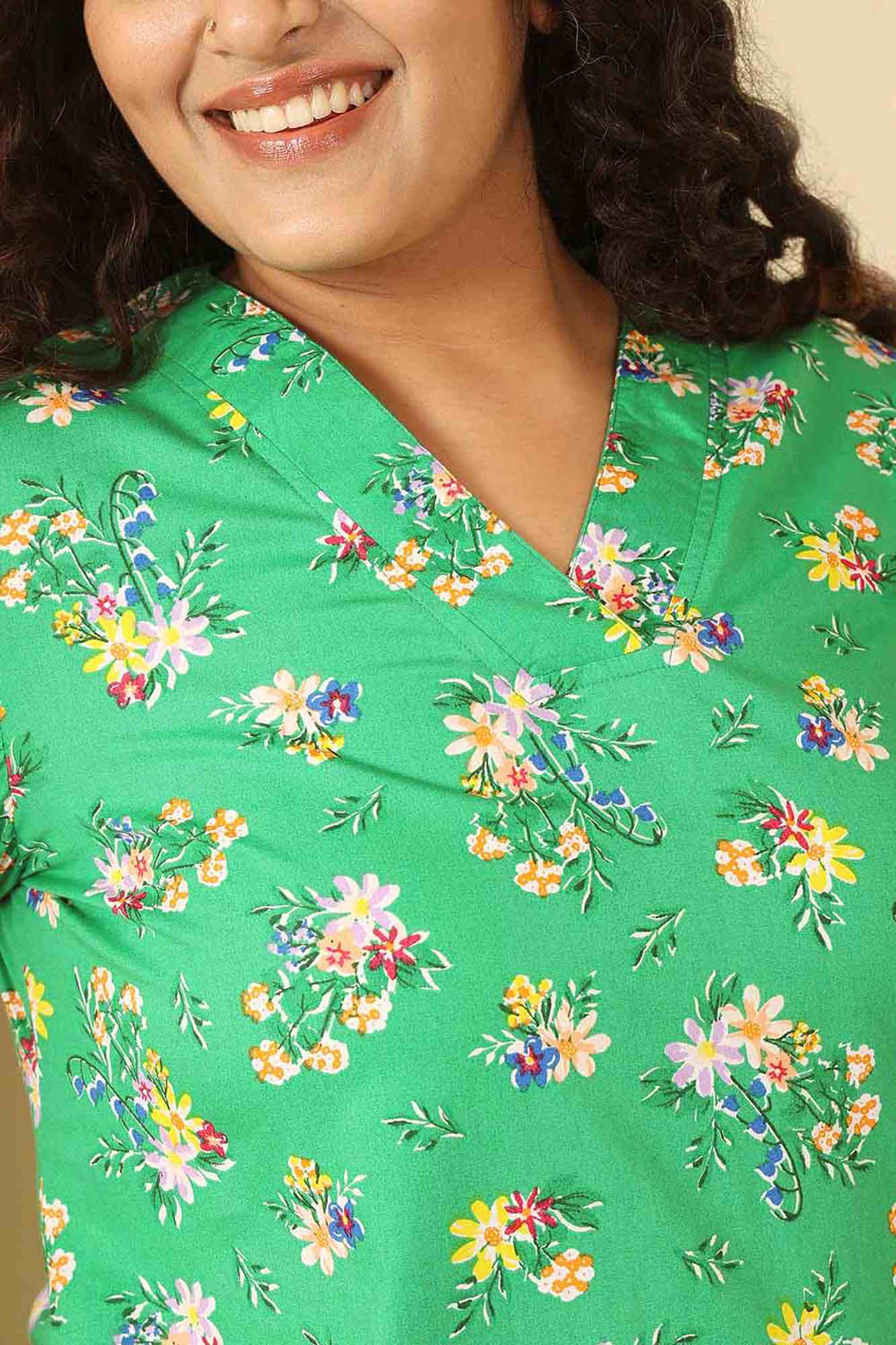 Plus Size Green Floral Print Cotton V Neck Kurta Tunic | Made to Order