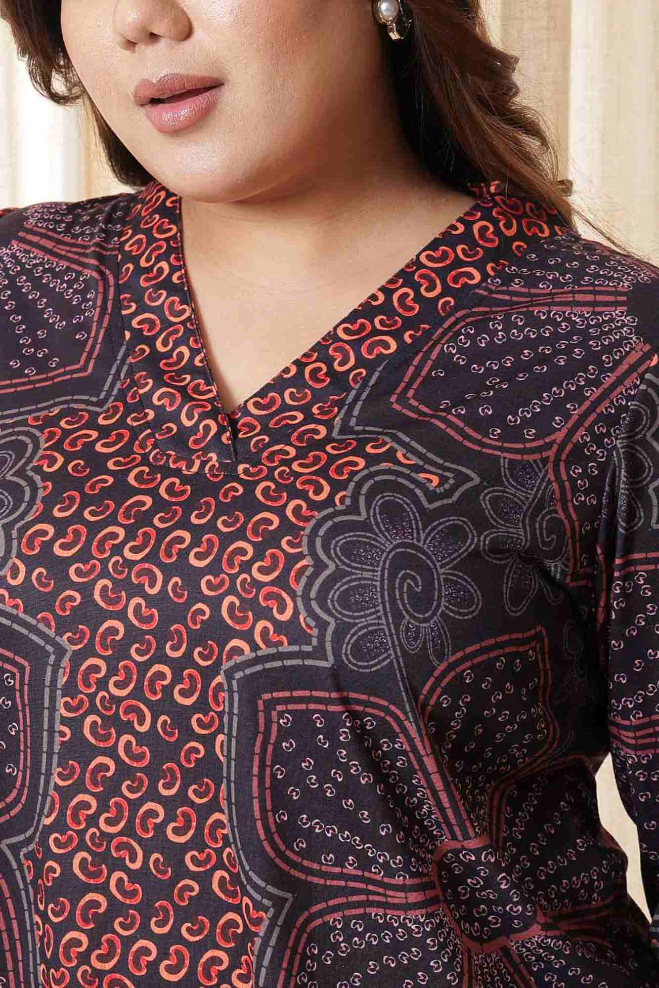 Plus Size High Low Maroon Floral Top in Soft knitted fabric | Made to Order