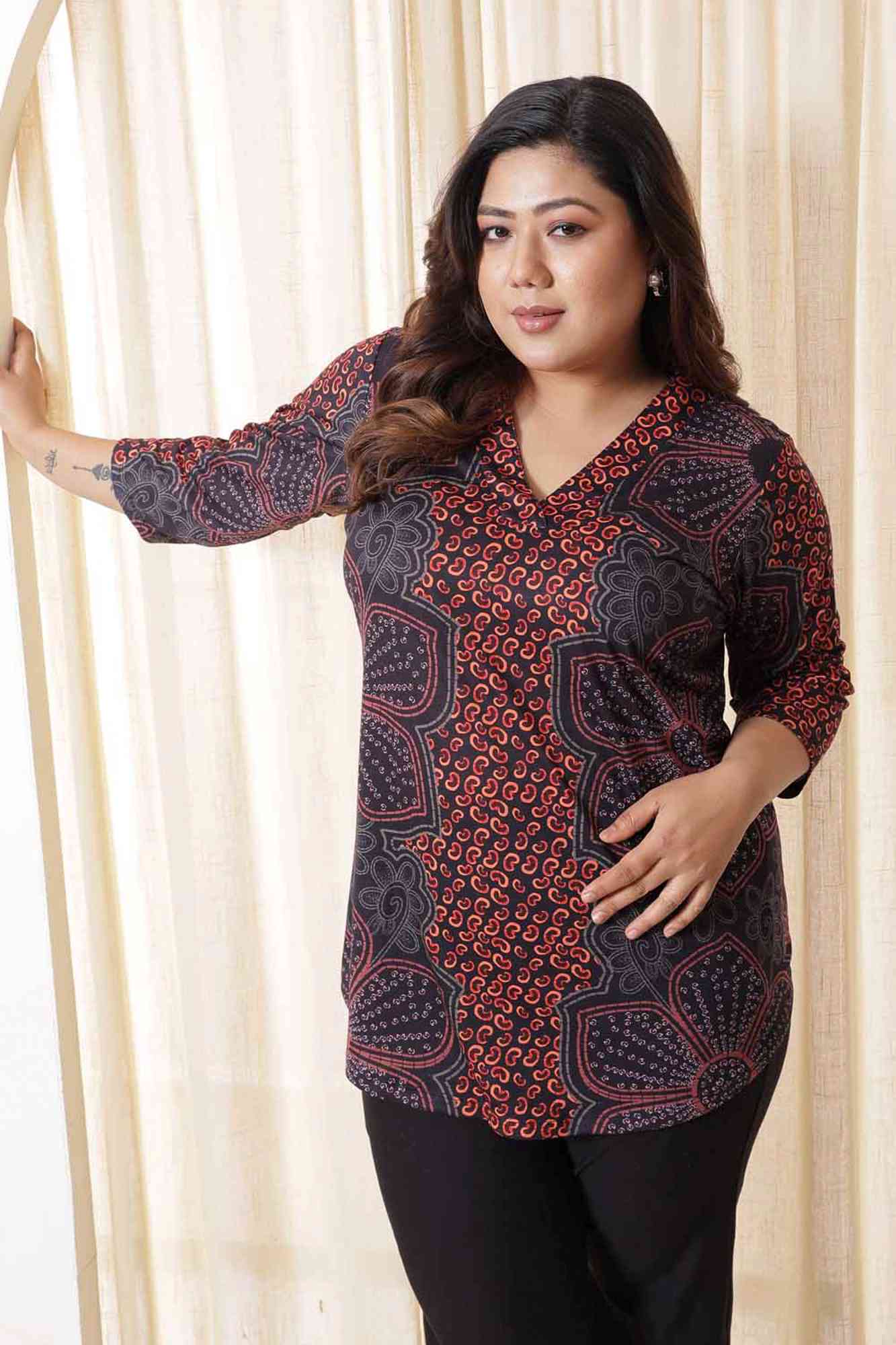 Plus Size High Low Maroon Floral Top in Soft knitted fabric | Made to Order