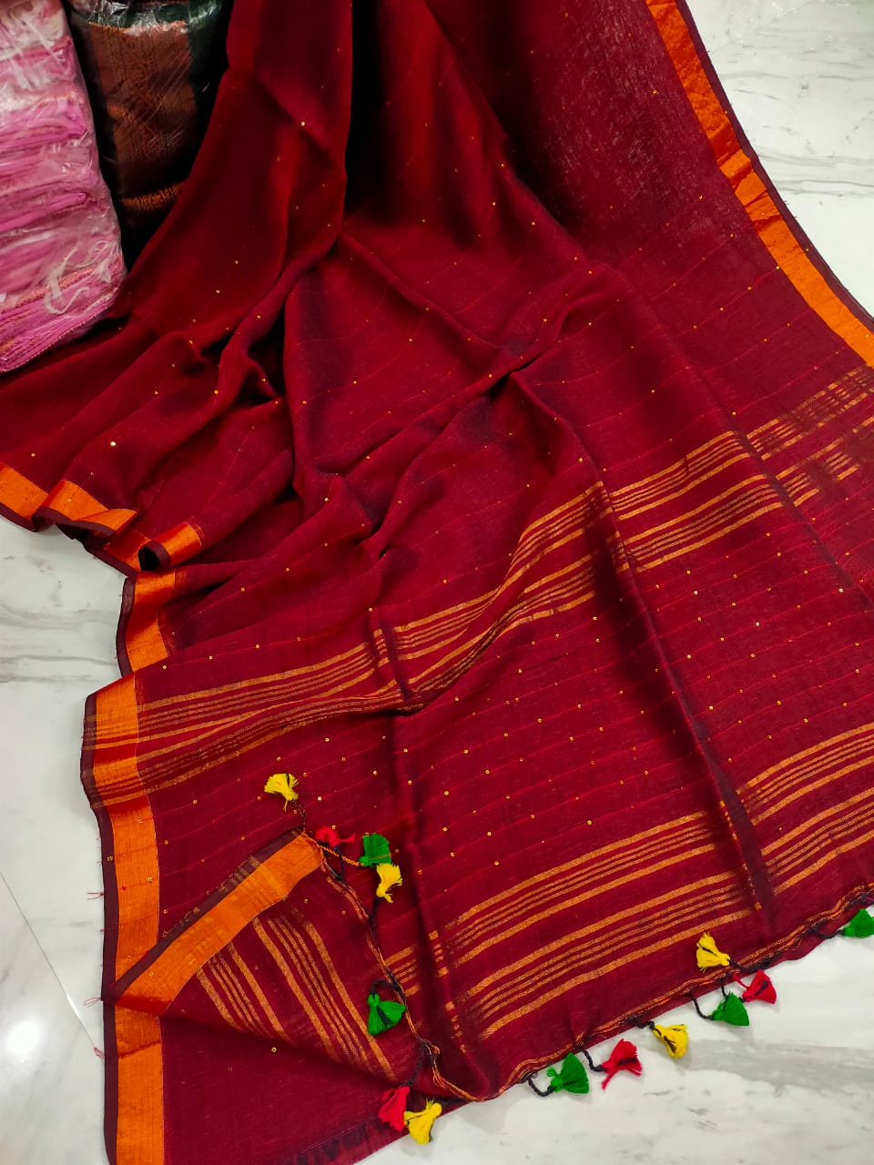 Handloom cotton linen interwoven sequins with tassels in pallu ready to wear saree