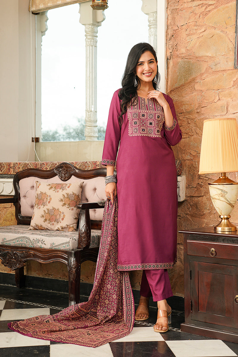 Purple Cotton Blend Ajrakh Printed Straight Kurta Trousers With Dupatta | SHOBITAM
