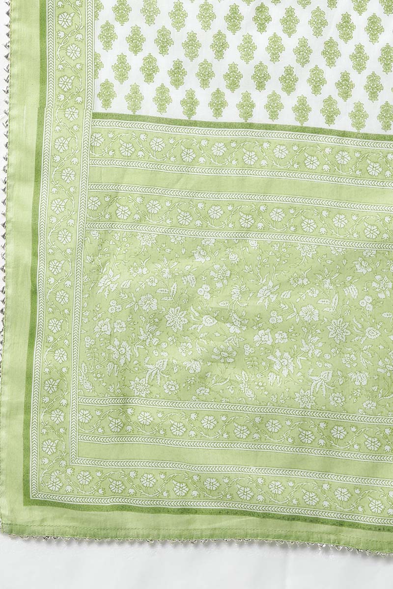 Light Green Cotton Flared Kurta Pant With Dupatta   | SHOBITAM
