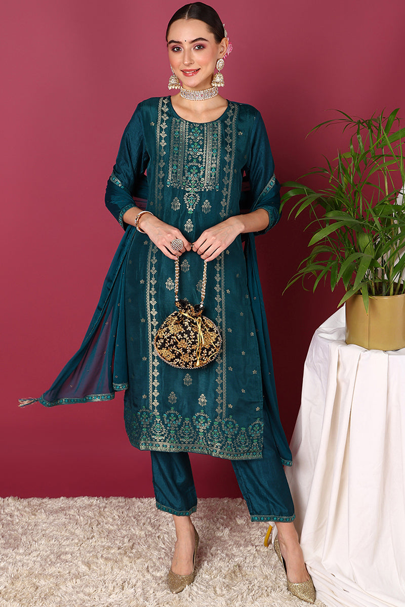 Teal Silk Blend Ethnic Motifs Woven Design Straight Suit Set | SHOBITAM