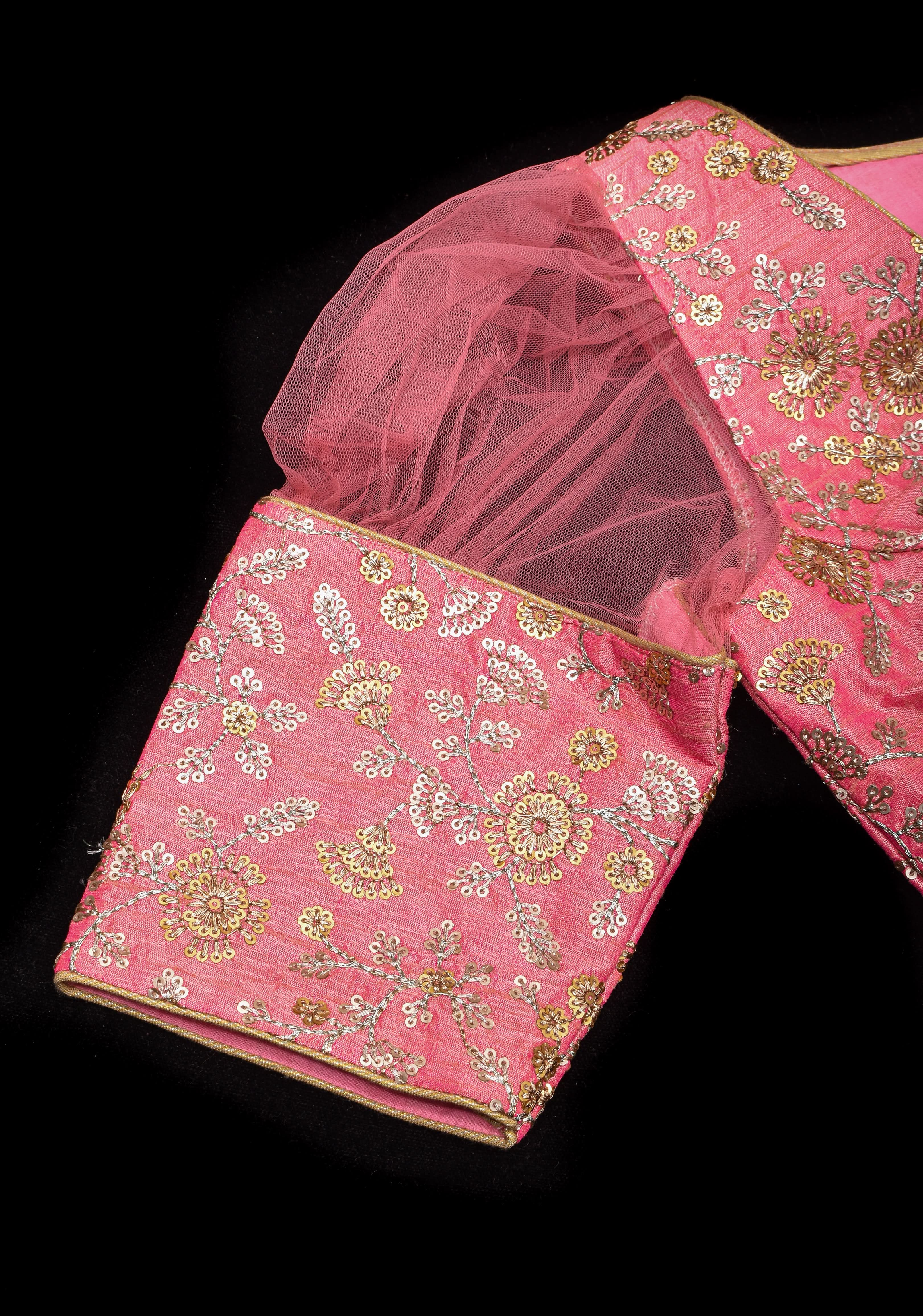 Carnation Pink sequin embroidery blouse with sheer puff sleeve | Shobitam