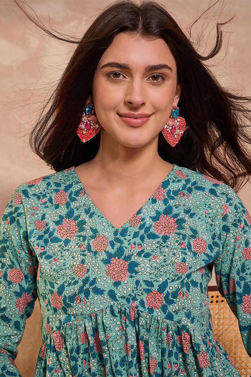 Cotton Blend Blue Floral Regular Tops  | SHOBITAM