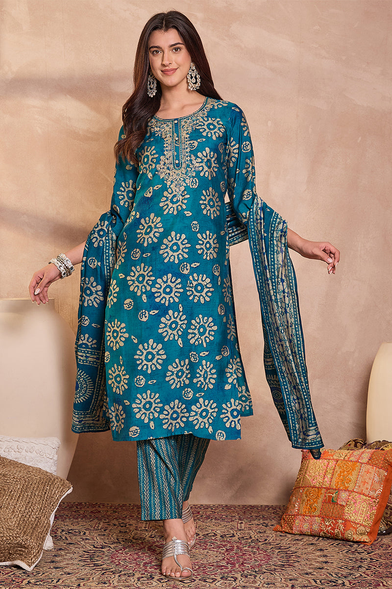 Blue Rayon Blend Floral Printed Straight Kurta Trouser With Dupatta | SHOBITAM