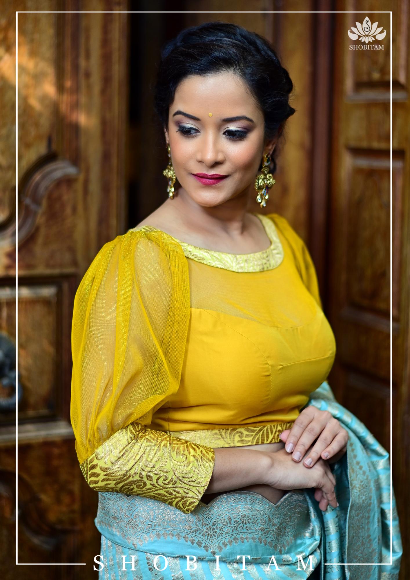 Mustard boat neck Blouse with Sheer Yoke and Puff Sleeves, Banarasi Brocade Detailing | Shobitam