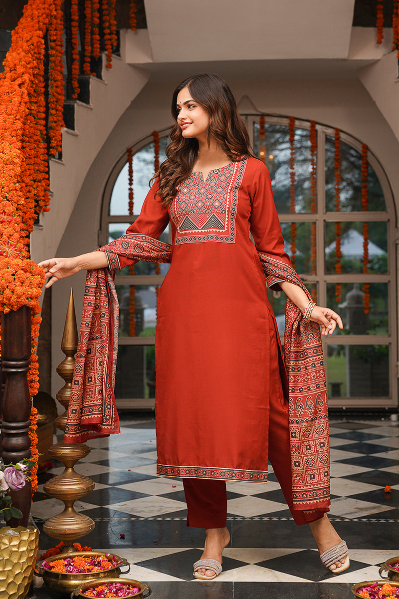 Brown Cotton Blend Ajrakh Printed Straight Kurta Trousers With Dupatta | SHOBITAM