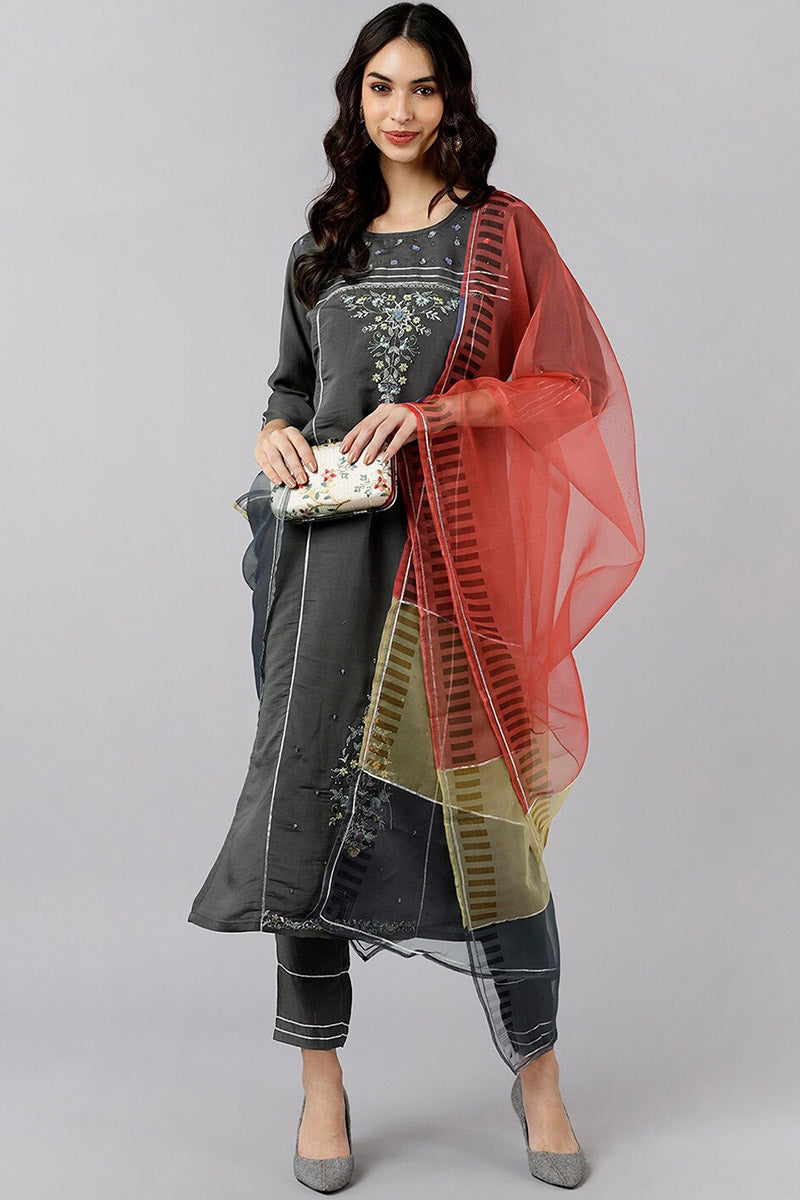 Grey Poly Silk Embroidered Straight Suit Set  | SHOBITAM