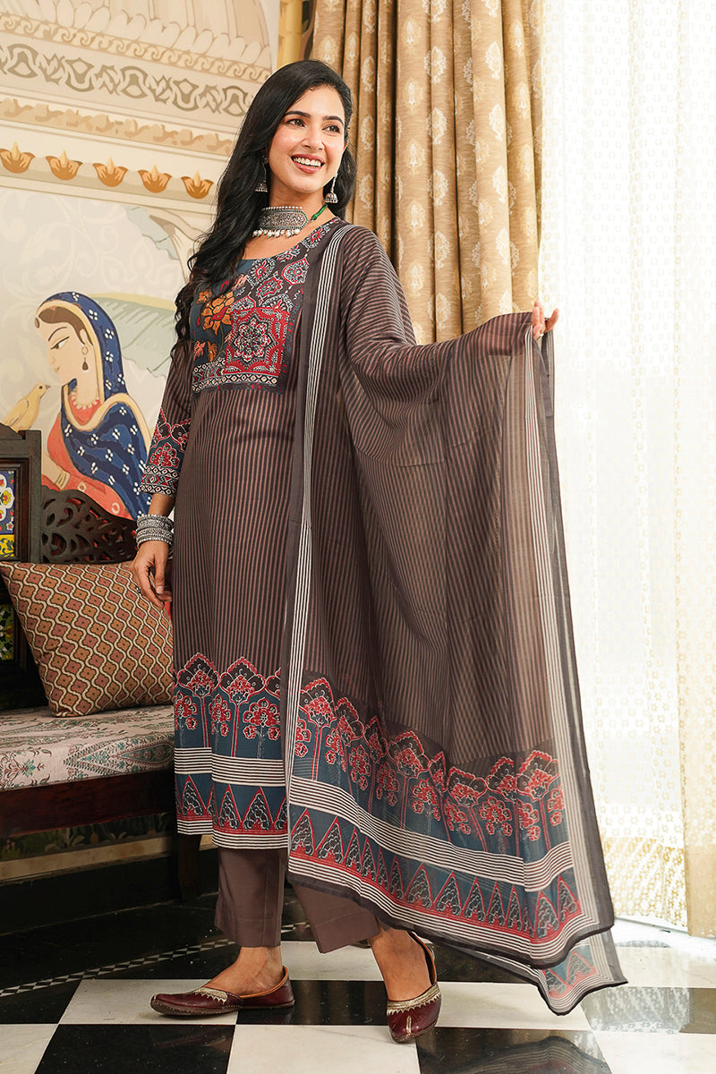 Brown Cotton Blend Ethnic Motifs Printed Straight Kurta Trousers With Dupatta | SHOBITAM