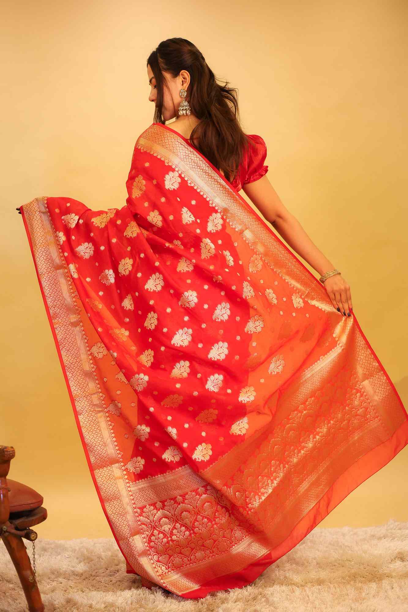 Exquisite Red Katan Inspired Silk Saree with Intricate All-Over Butas and Ornate Palla, Adorned with Luxurious Tassels – A Ready-to-Wear Saree