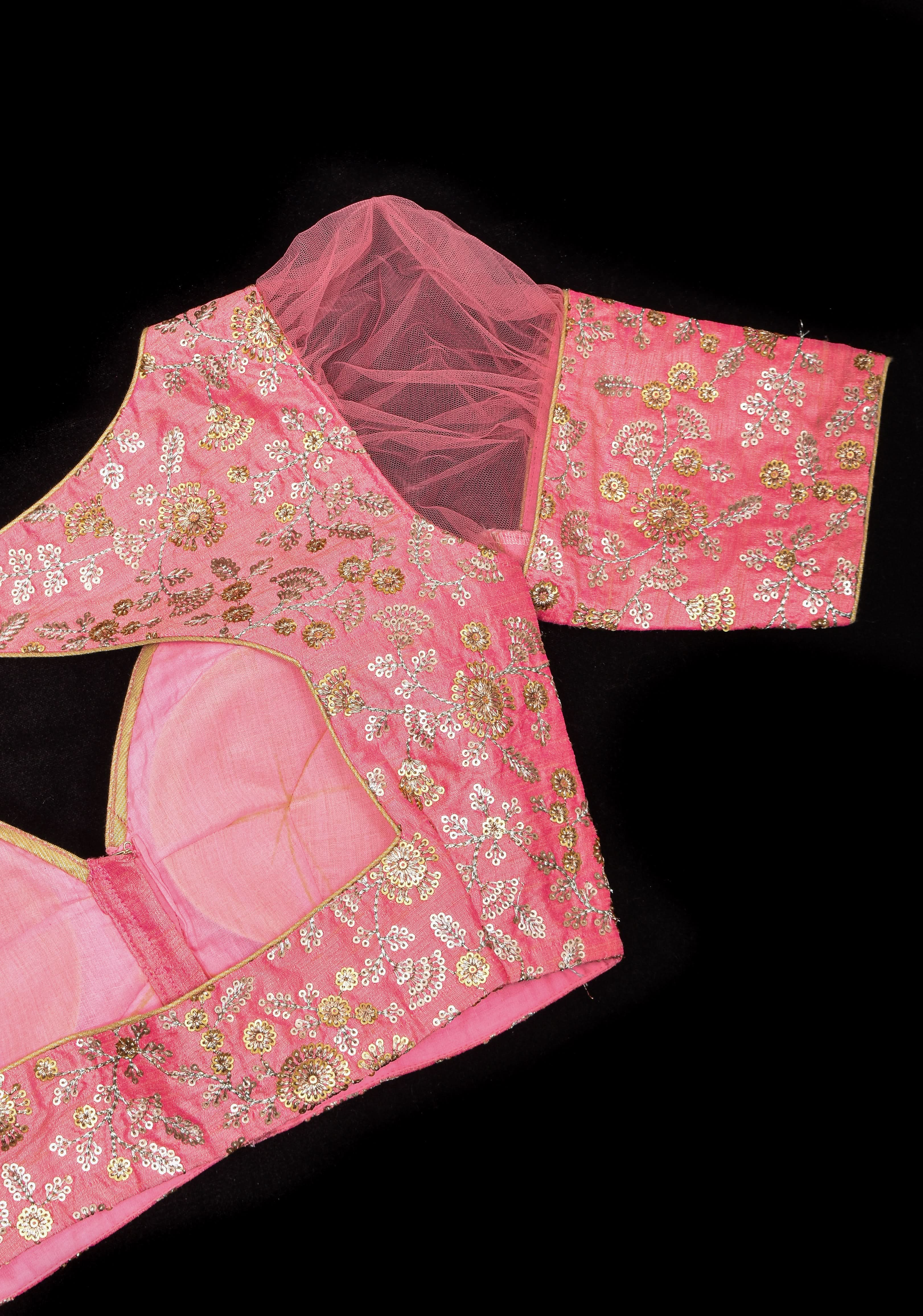 Carnation Pink sequin embroidery blouse with sheer puff sleeve | Shobitam