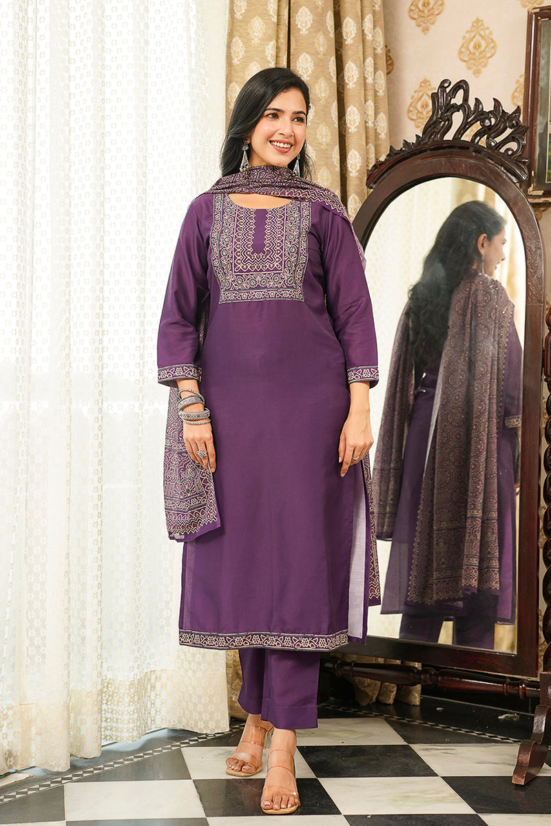 Purple Cotton Blend Ajrakh Printed Straight Kurta Trousers With Dupatta | SHOBITAM