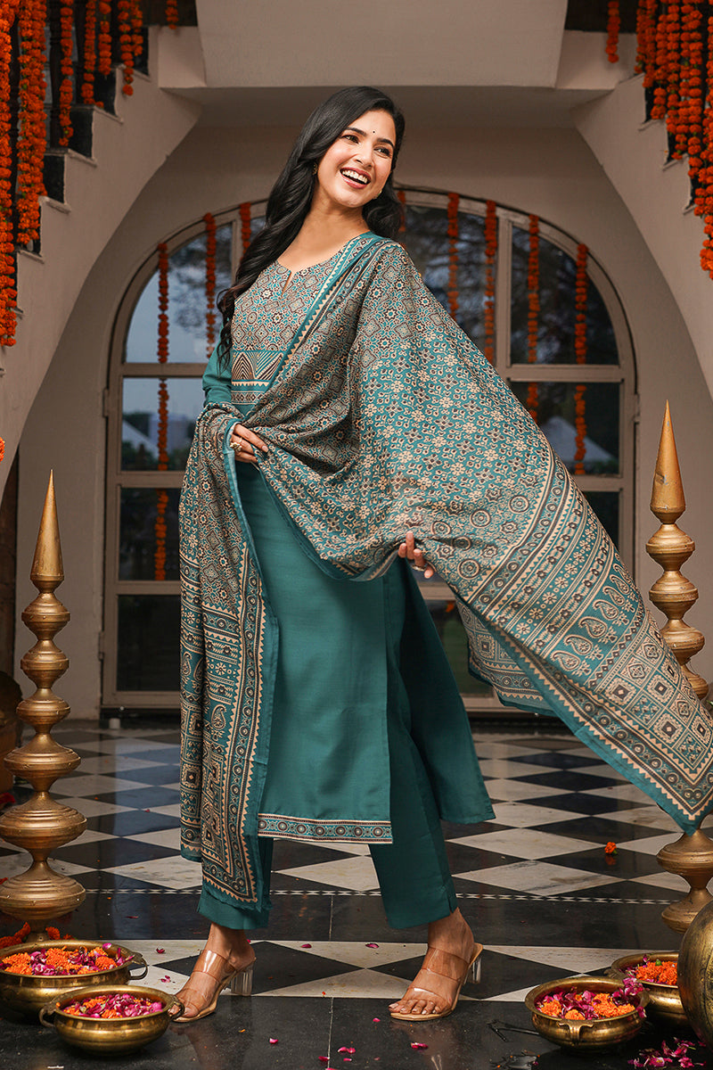 Teal Rayon Blend Ajrakh Printed Straight Kurta Trousers With Dupatta | SHOBITAM